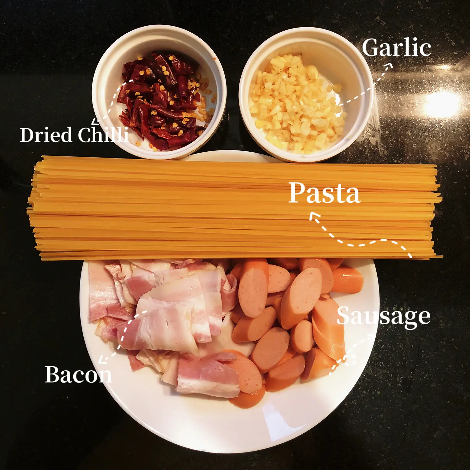 Spaghetti Aglio Olio With Bacon and Sausage 🍝 แกลเลอรีที่โพสต์โดย