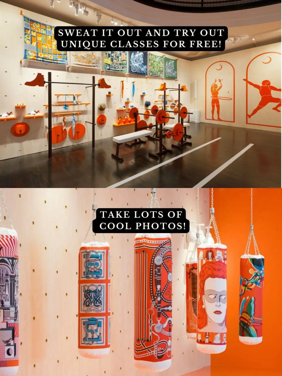 Hermès Fit, a pop-up featuring its very own gym, adorned with hermes'  signature orange color and pattern, while also exhibiting some of its…