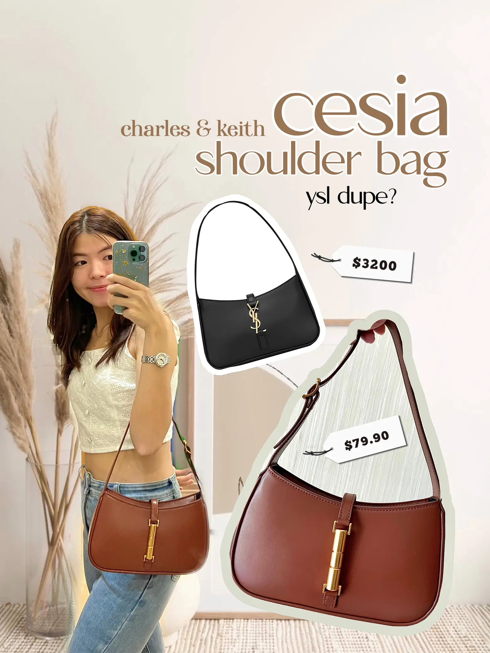 Charles & Keith - Women's Cesia Metallic Accent Shoulder Bag, Black, M