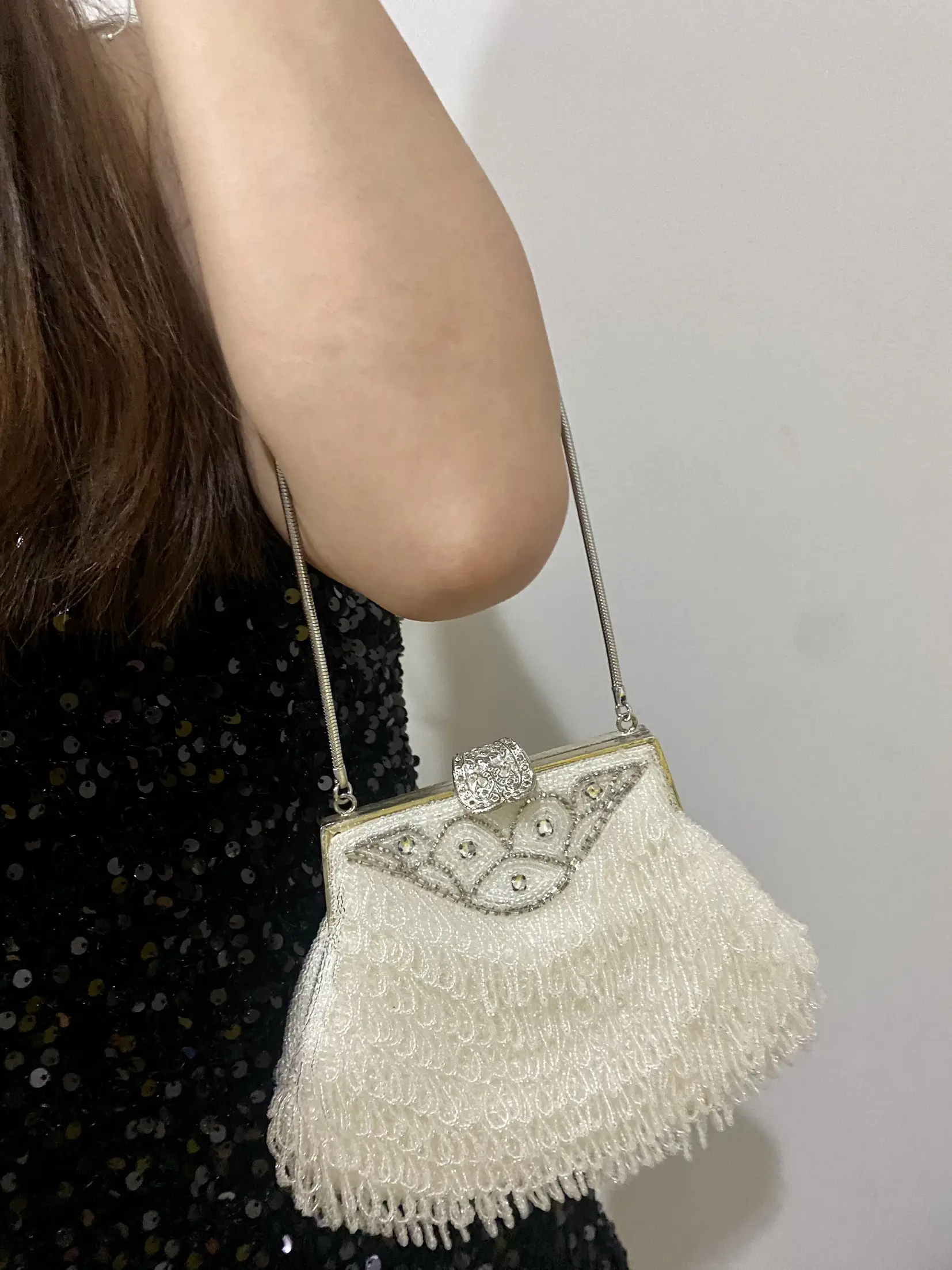 Vintage small pearl beaded evening bag with leaf - Depop