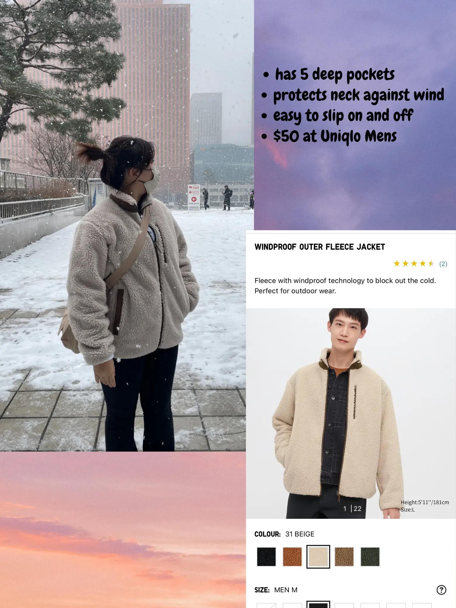 UNIQLO Men Women Off White Fleece Zip Up Jacket Japan Size M