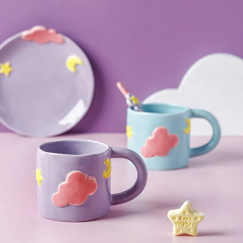 Ceramic Cloud Coffee Mug With Sunflower Saucer Cute Coffee - Temu