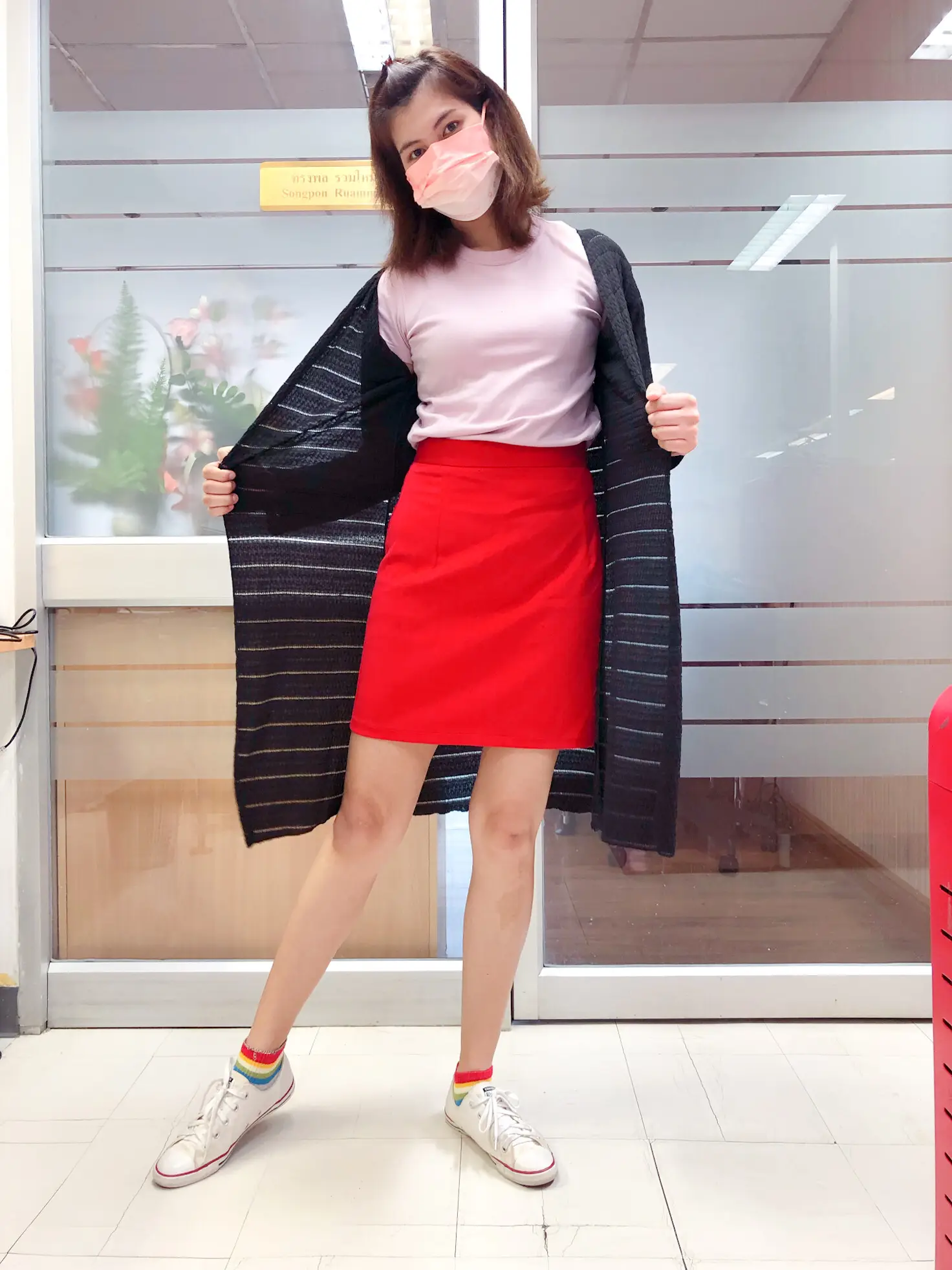 White sweater 2024 red skirt