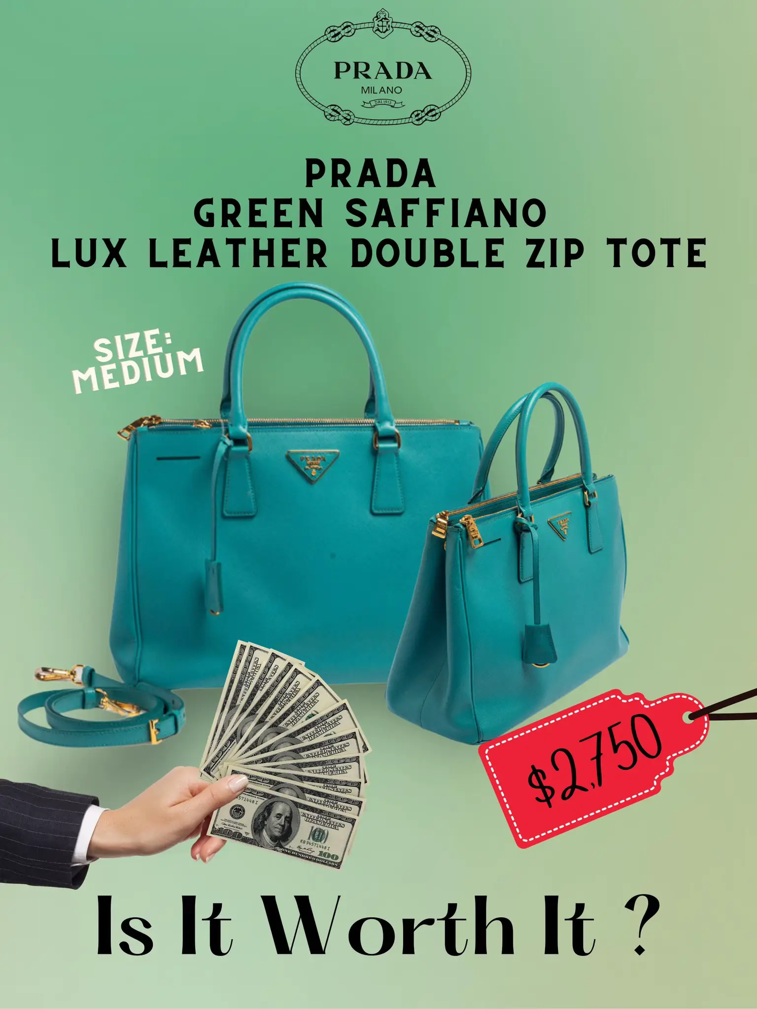 Prada Teal Green Saffiano Lux Leather Medium Double Zip Tote Prada