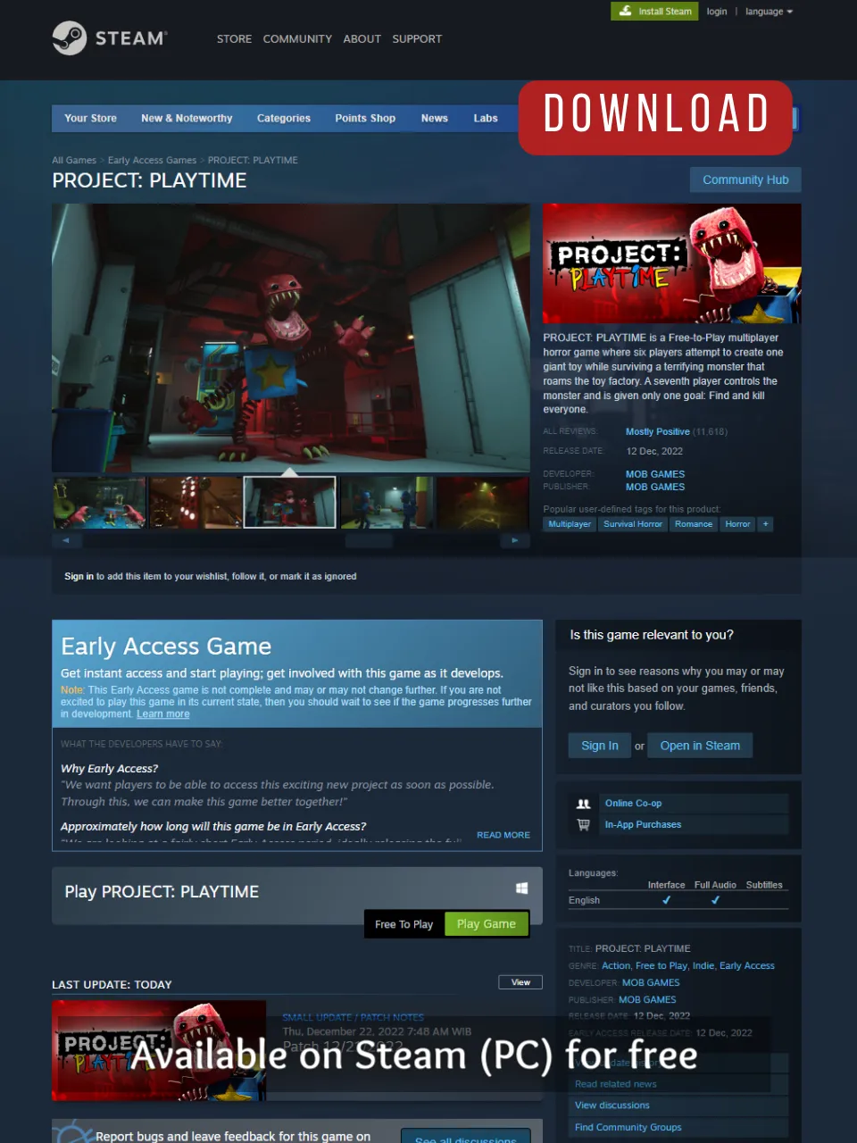 Project: Playtime Will Start Early Access on Steam on December 6th