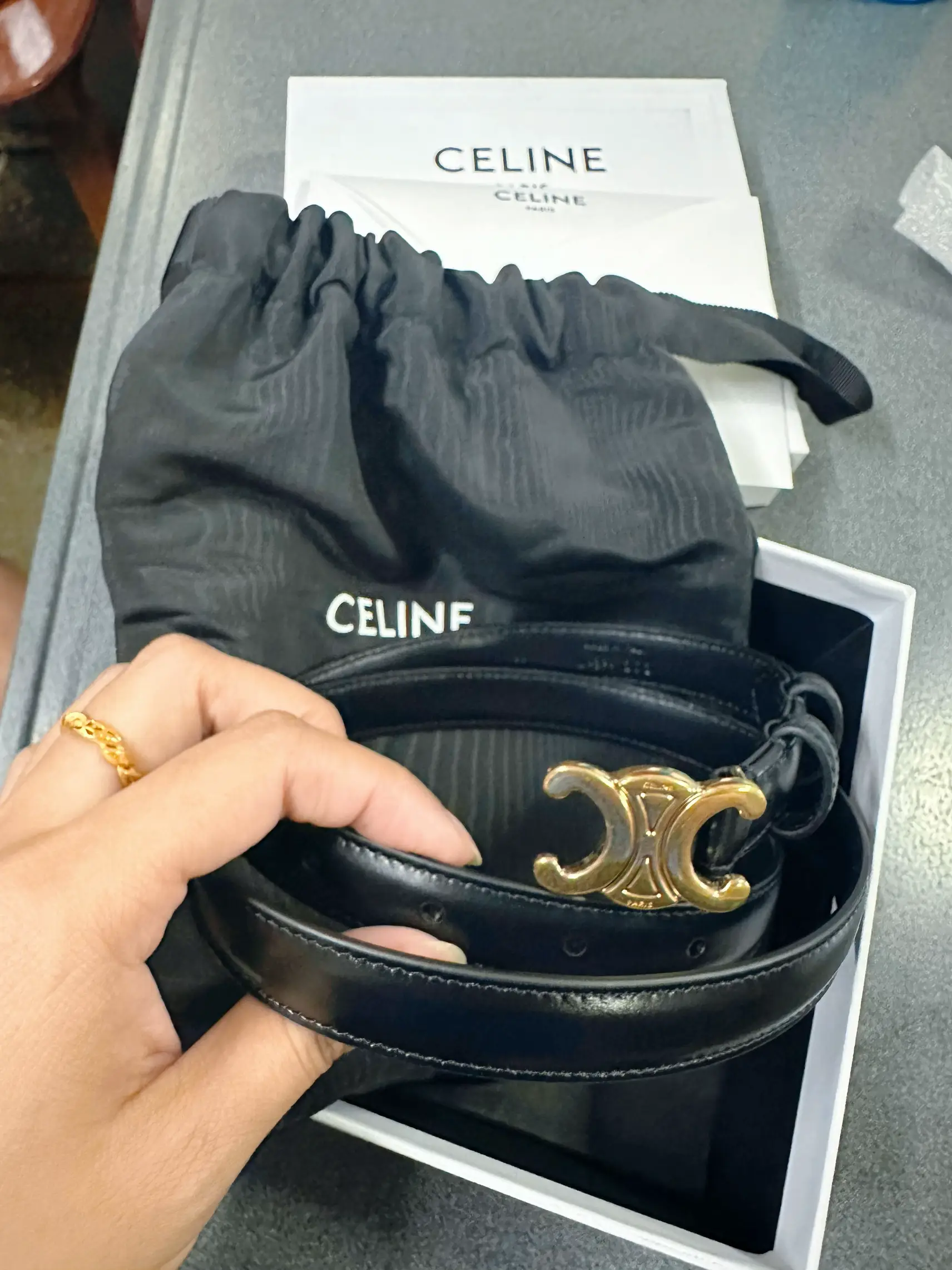 Shop CELINE Triomphe Small triomphe belt in smooth calfskin