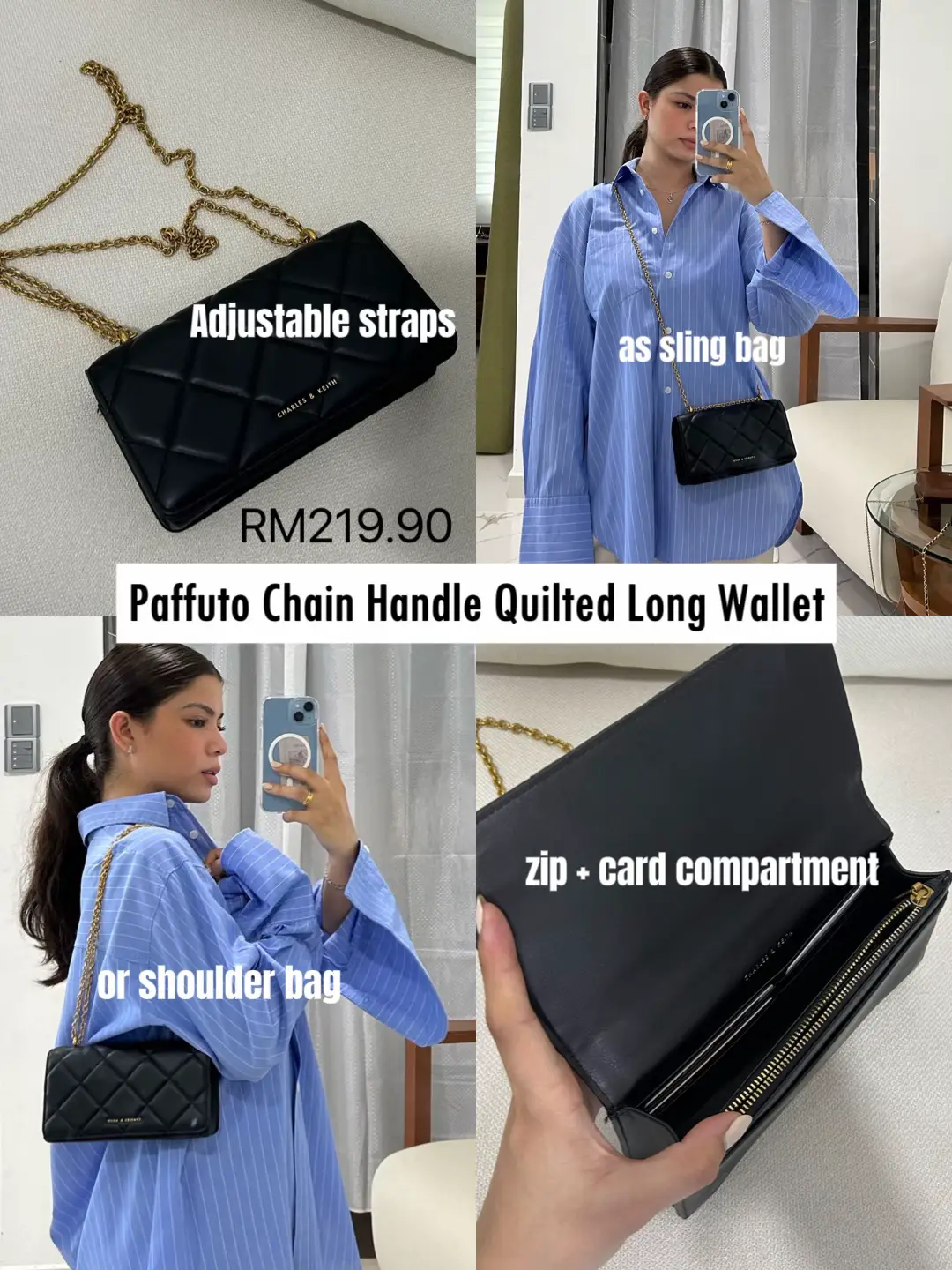 Charles & Keith Paffuto Chain Handle Quilted Long Wallet Black