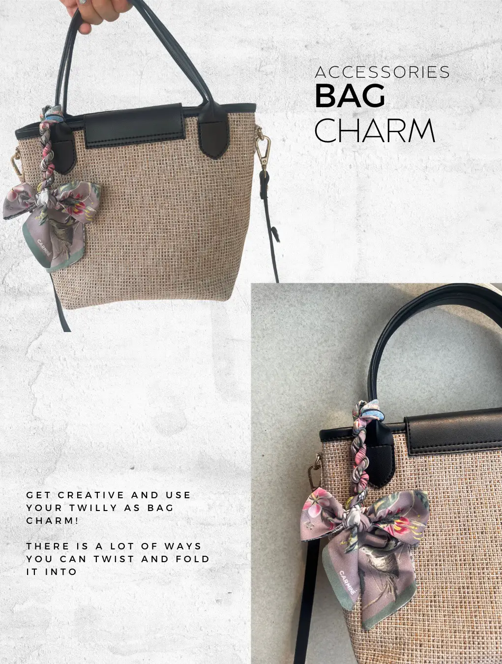 How to tie a beautiful bow on a bag with twilly .Accessorizing handbag  handles with twilly. 