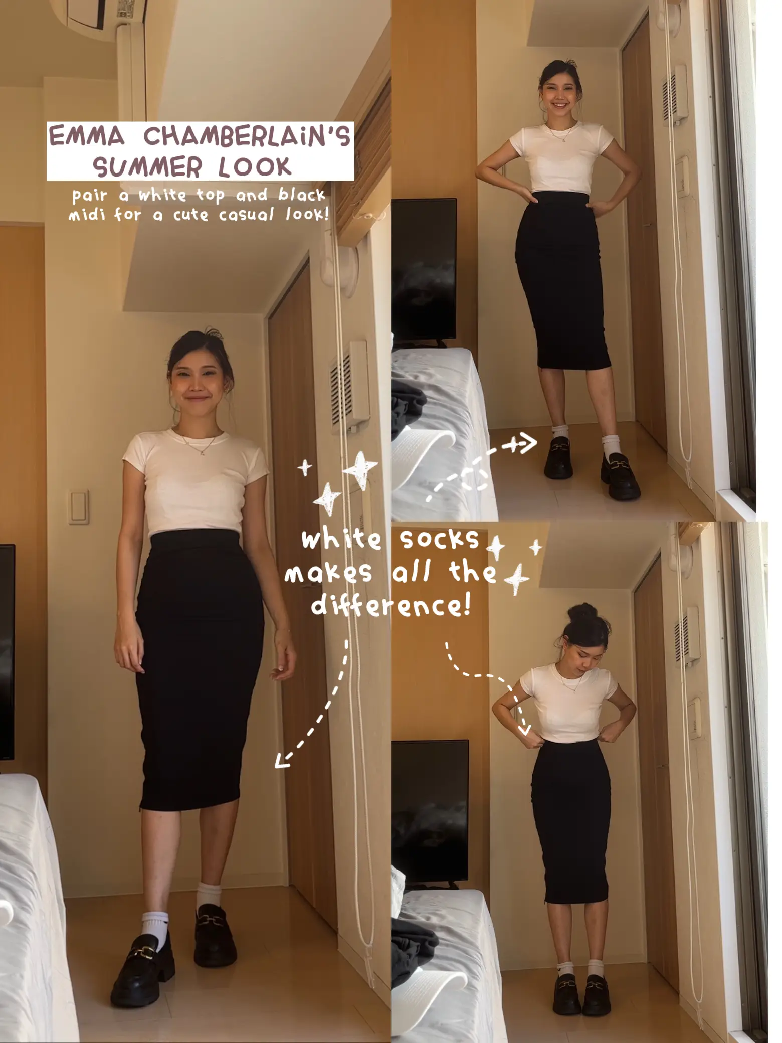 Emma Chamberlain: Beige Sweater, White Skirt