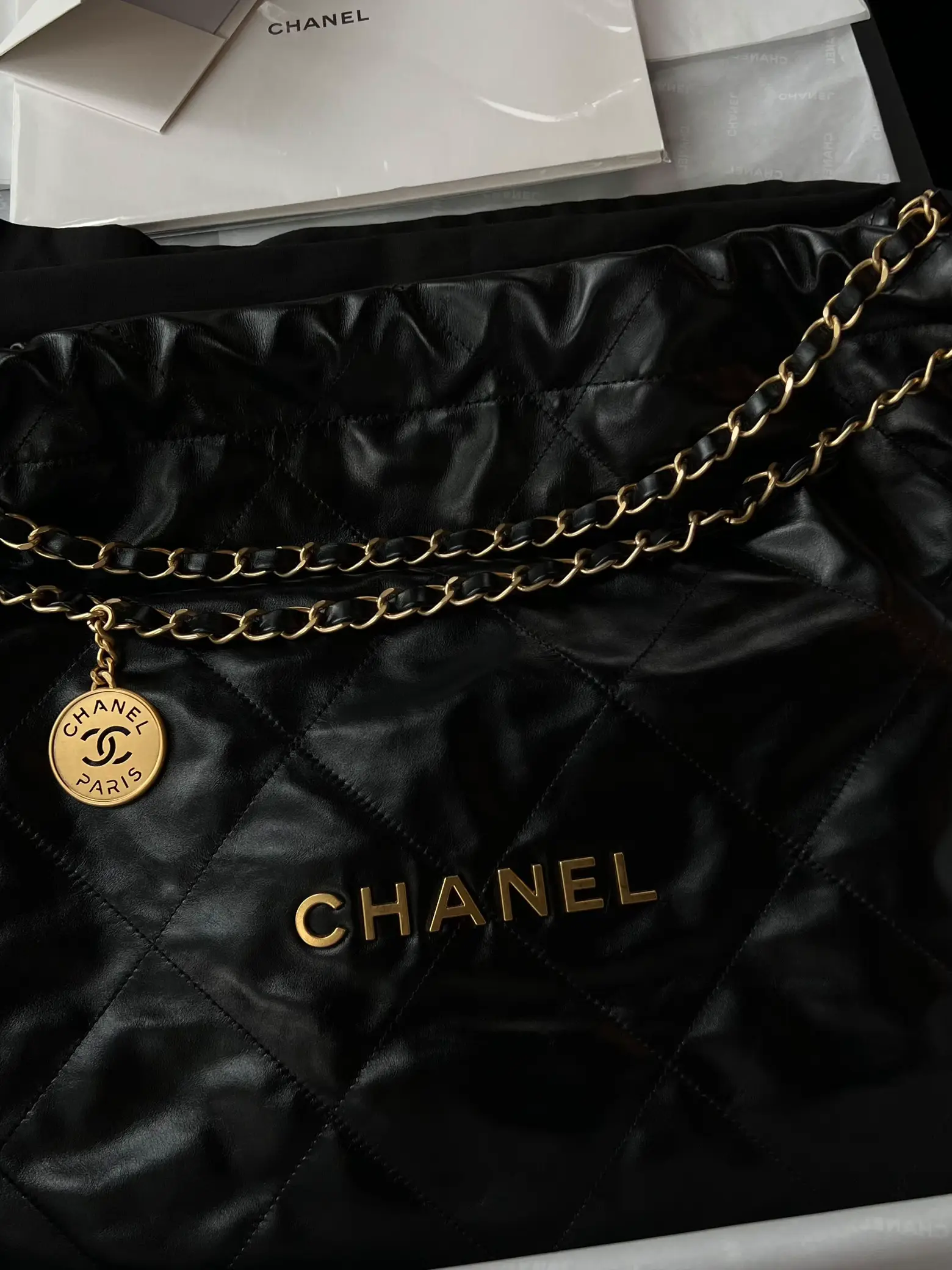 Chanel Mini 22 Shiny Calfskin 23A Gold/Tan (Microchip)