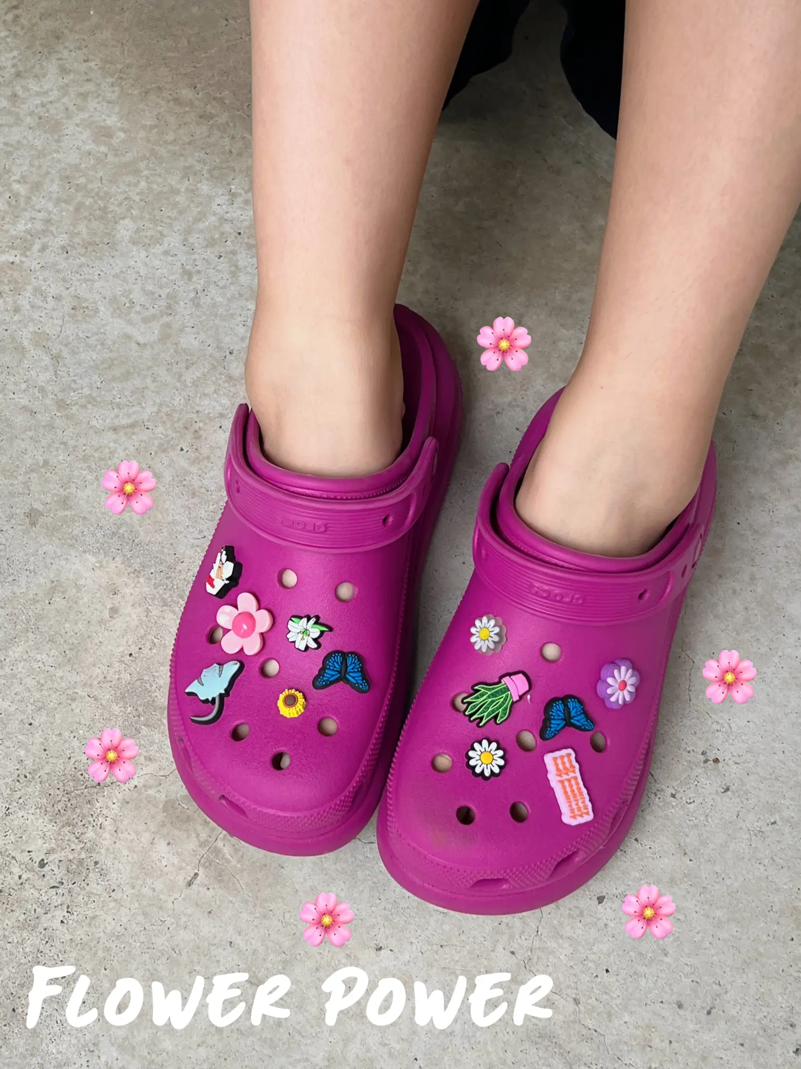 one thing about me is i'll wear platform crocs with sanrio jibbitz