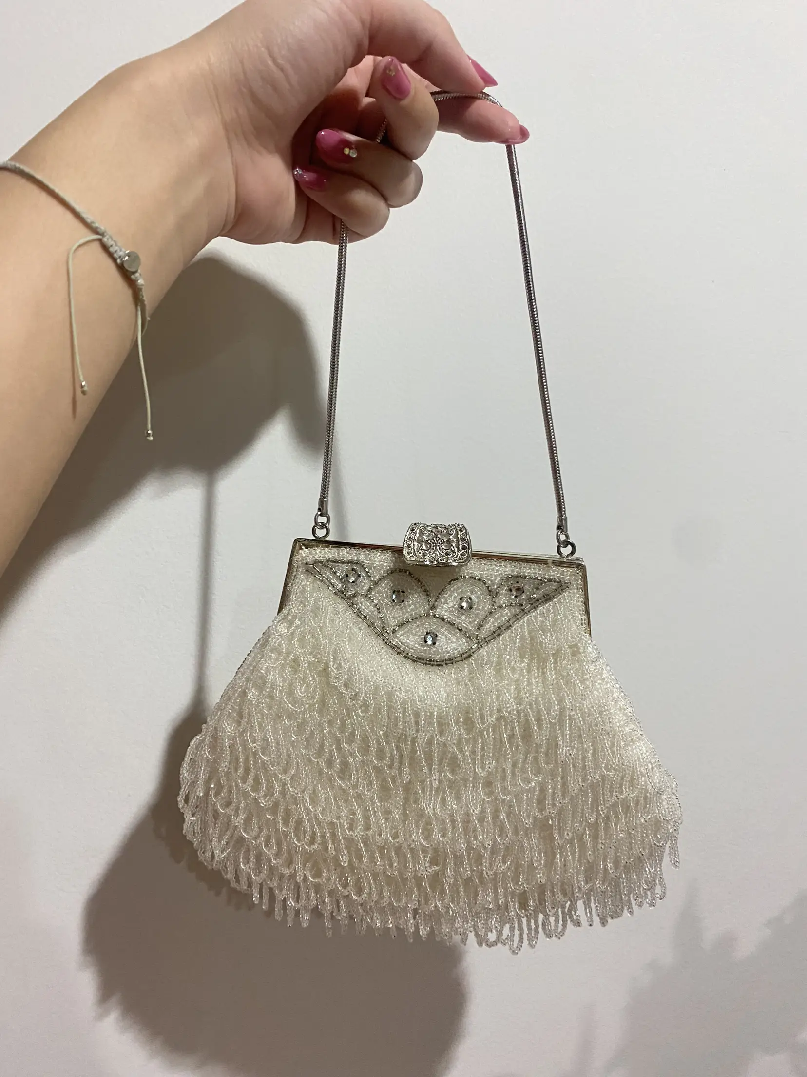 Vintage small pearl beaded evening bag with leaf - Depop