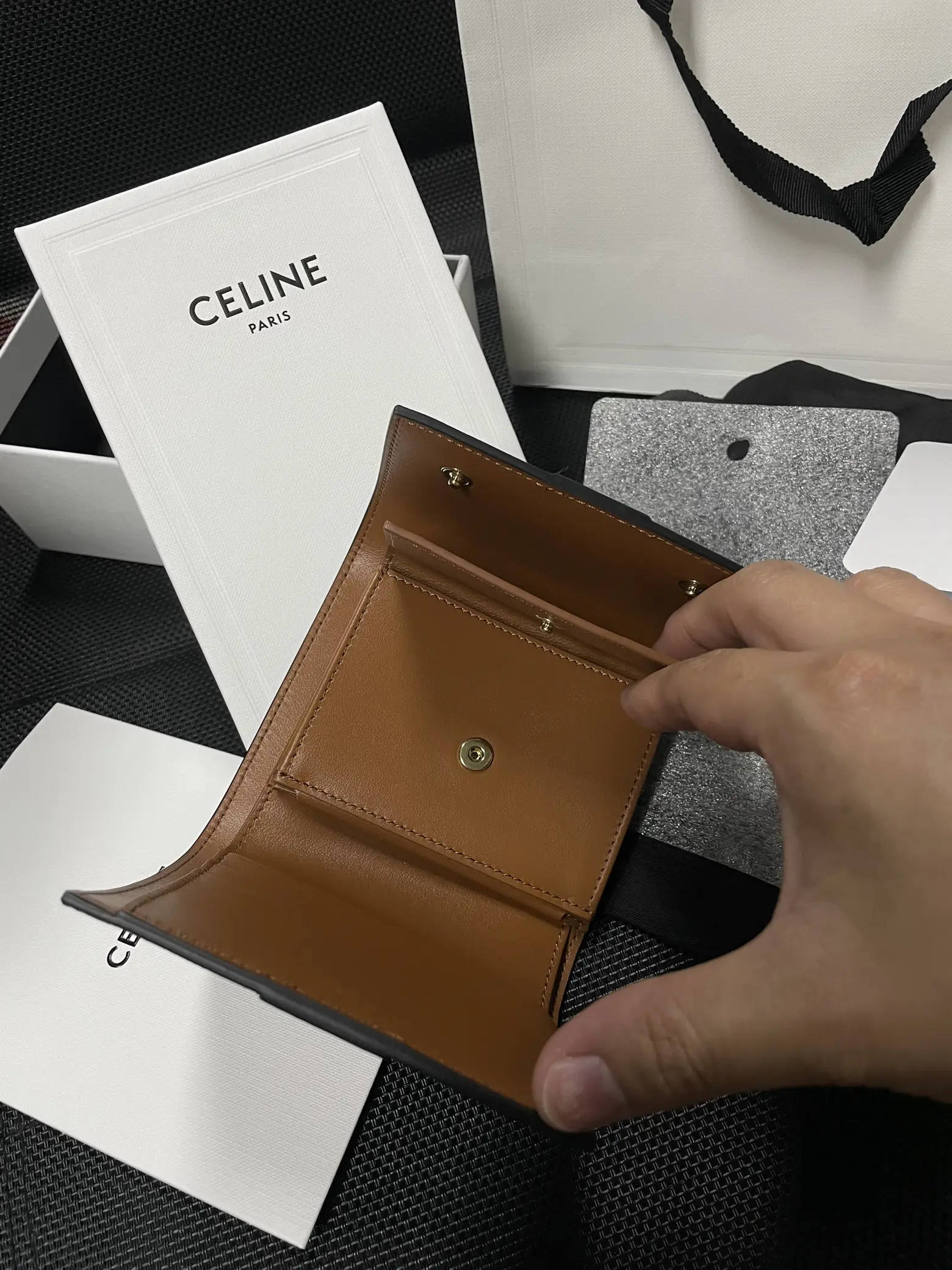 Celine small trifold online wallet in grained calfskin