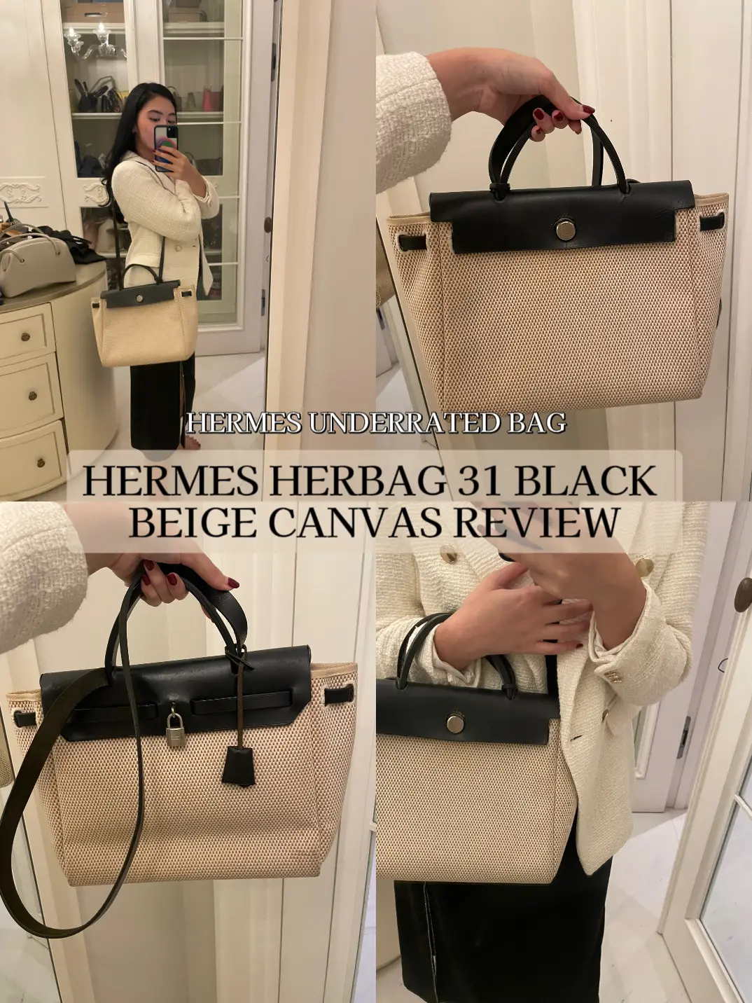 Hermes Black and Beige Canvas Herbag Tote