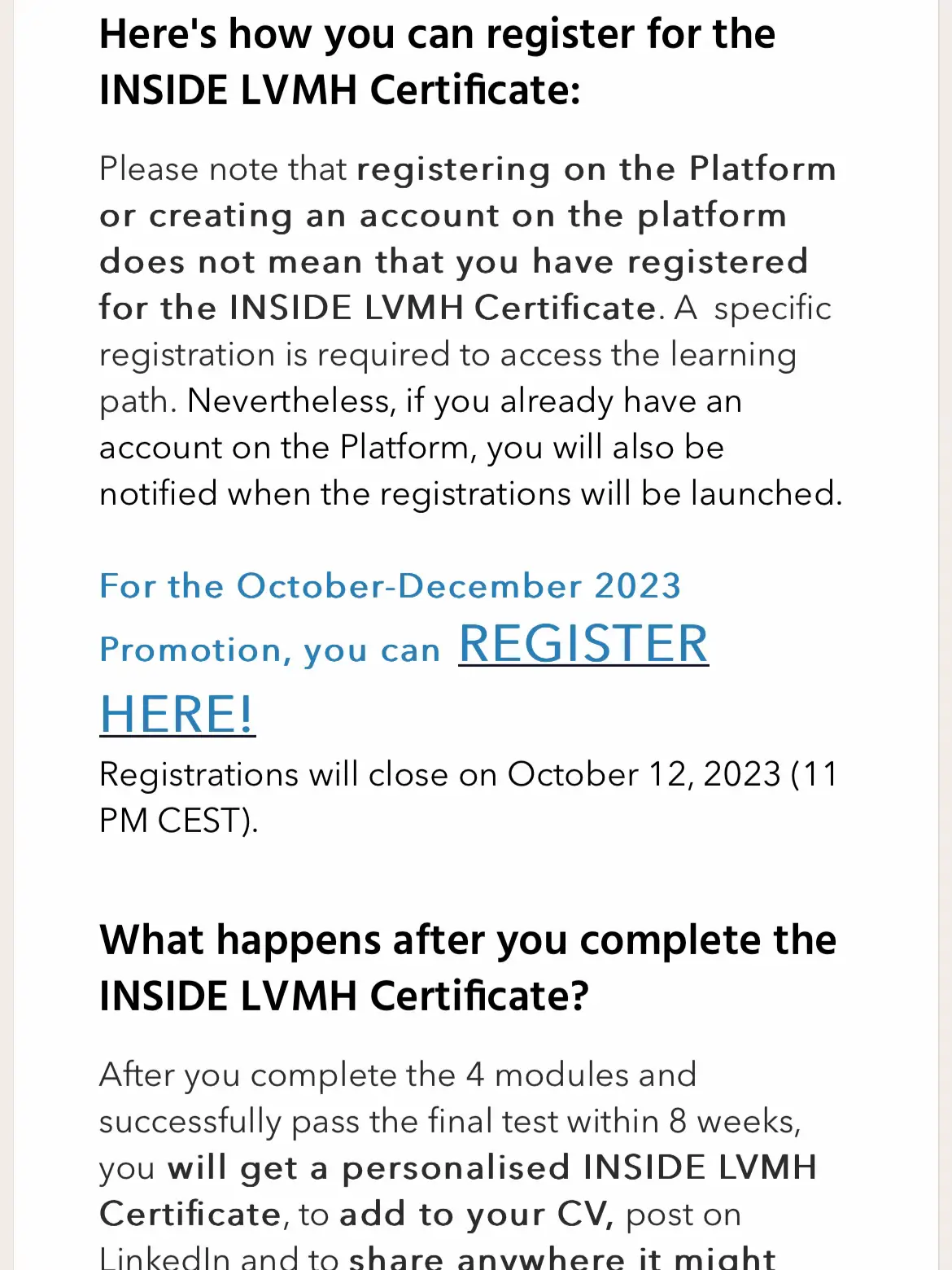 INSIDE LVMH CERTIFICATE - Registrations for Promotion 3 are open