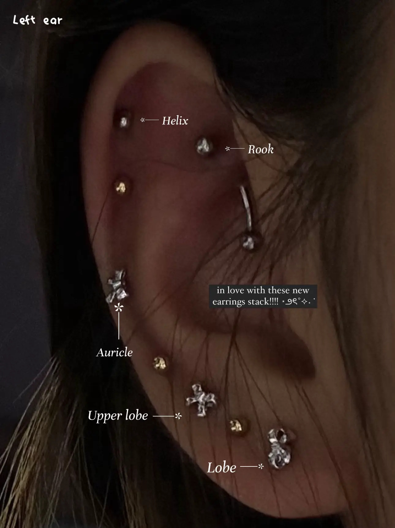 Looking for new piercing ideas! Both ears are pretty similar. “Star” side  is a flat piercing up top and “Moon” side is a helix. I've considered  getting either a forward helix or
