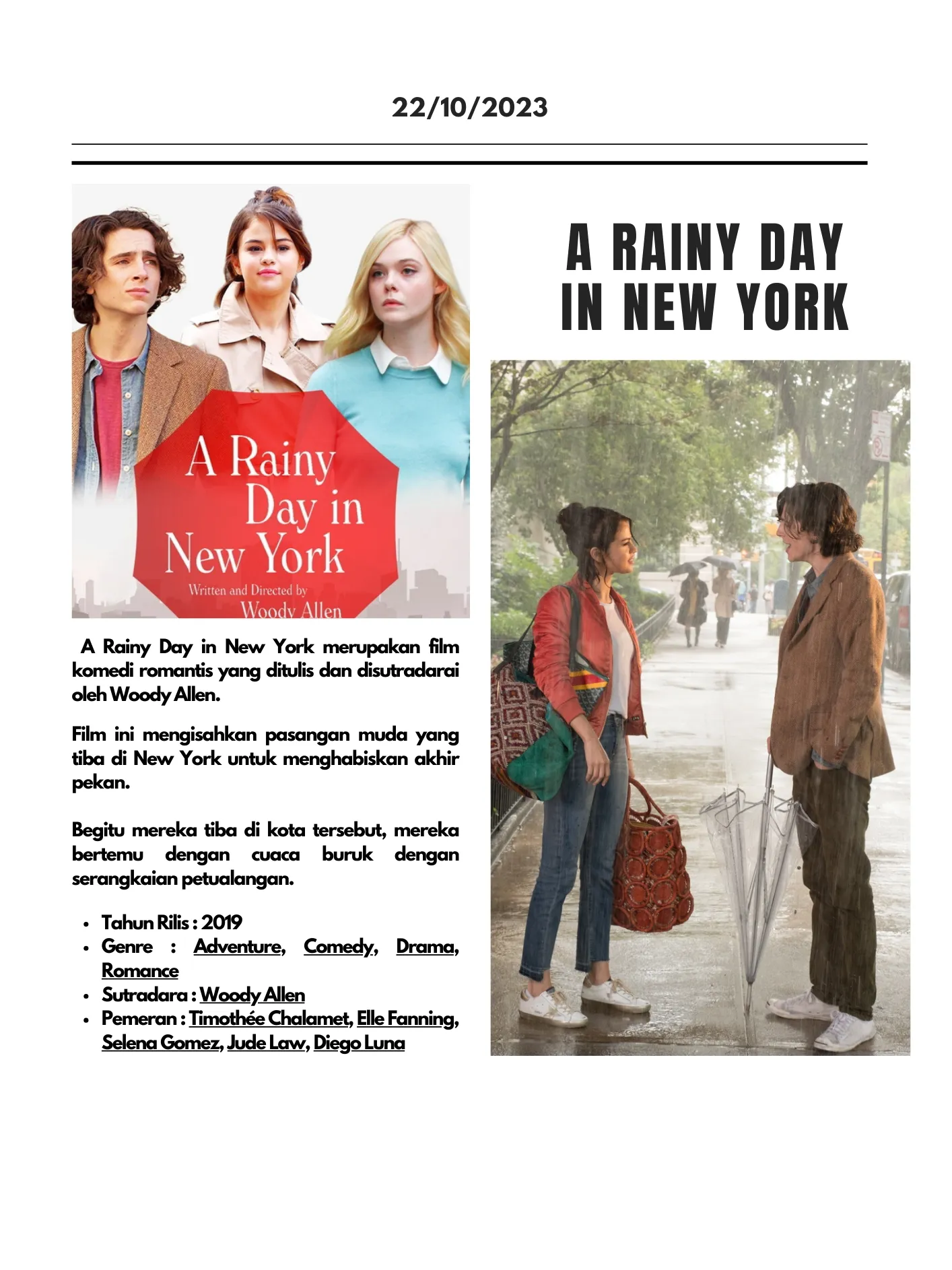 A Rainy Day in New York A4 Film Movie Mini Posters Flyers Korean Selena  Gomez