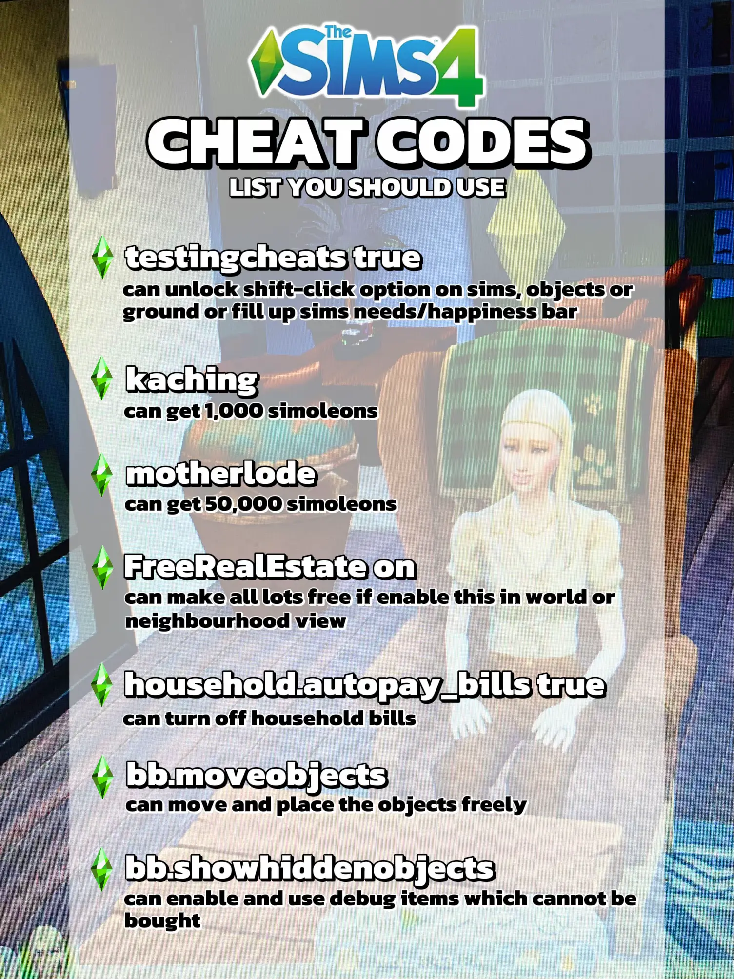 Cheat Codes U Must Know Before Playing The Sims 4🤑 | Galeri disiarkan oleh  massy✨ | Lemon8