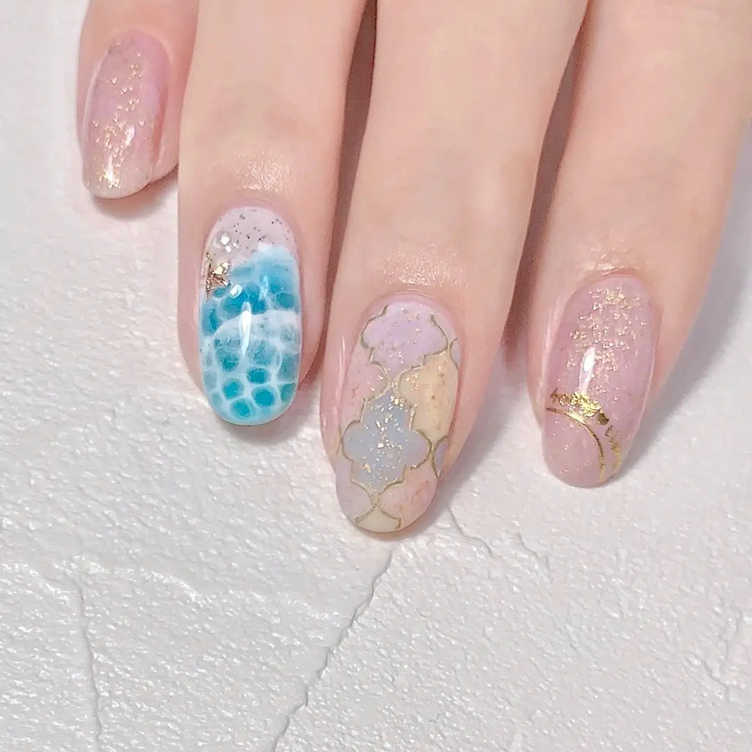 Marble Nail Art with Gold Foil/ gel extensions with polygel nail forms/  self nail asmr 