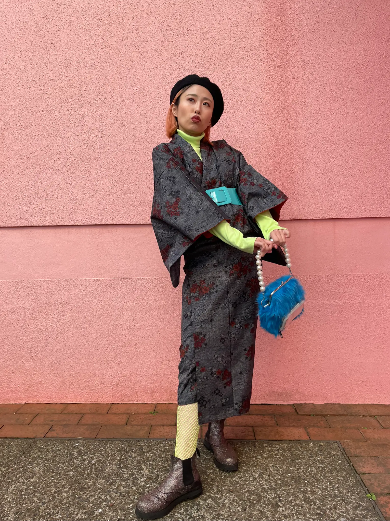 ベレー✖️ベルトに紬でカジュアル着物コーデ🗻🦋💙 | ASAMY_アサミィ