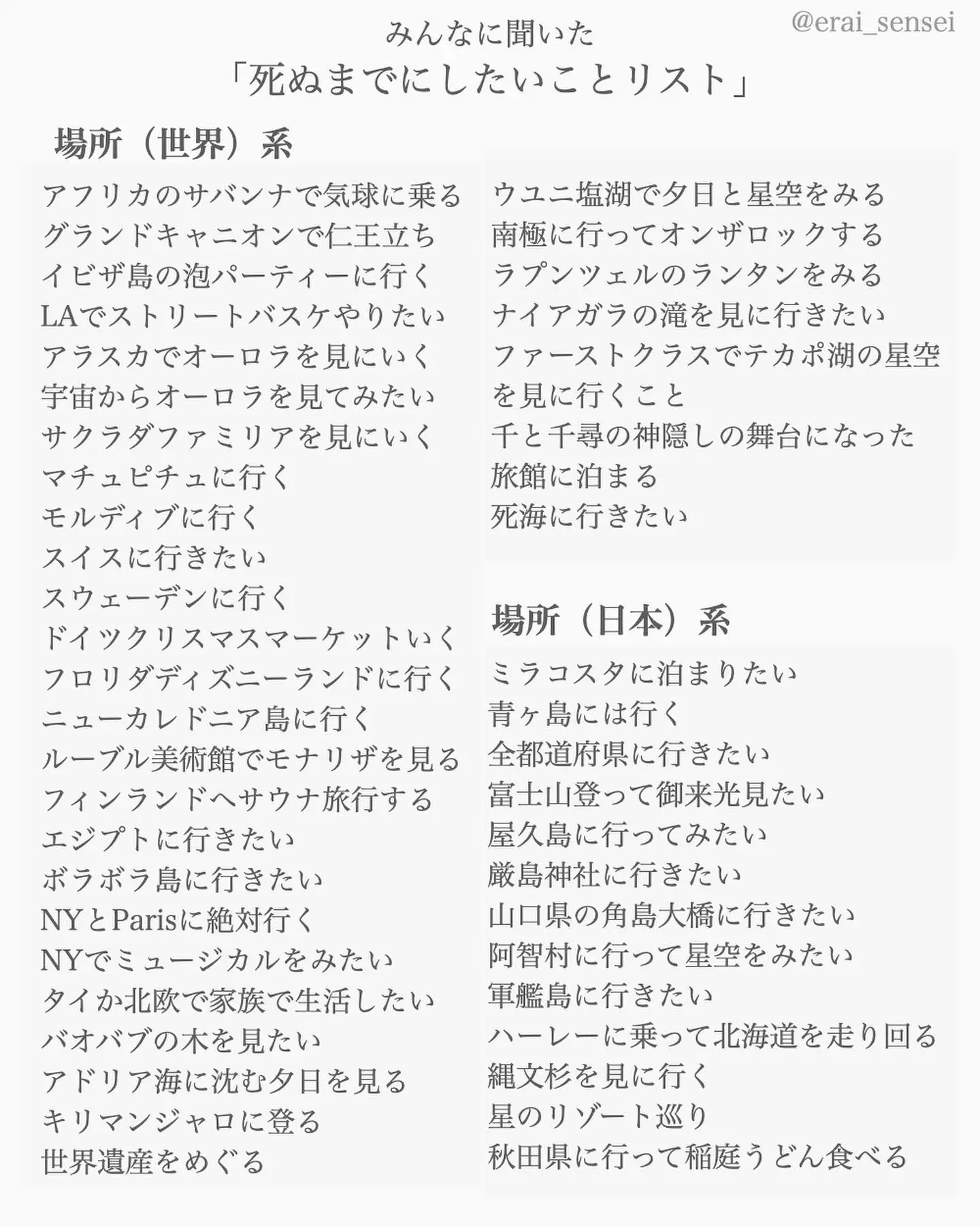 26万人に聞いた】死ぬまでにしたいことリストまとめ | えらせんが投稿