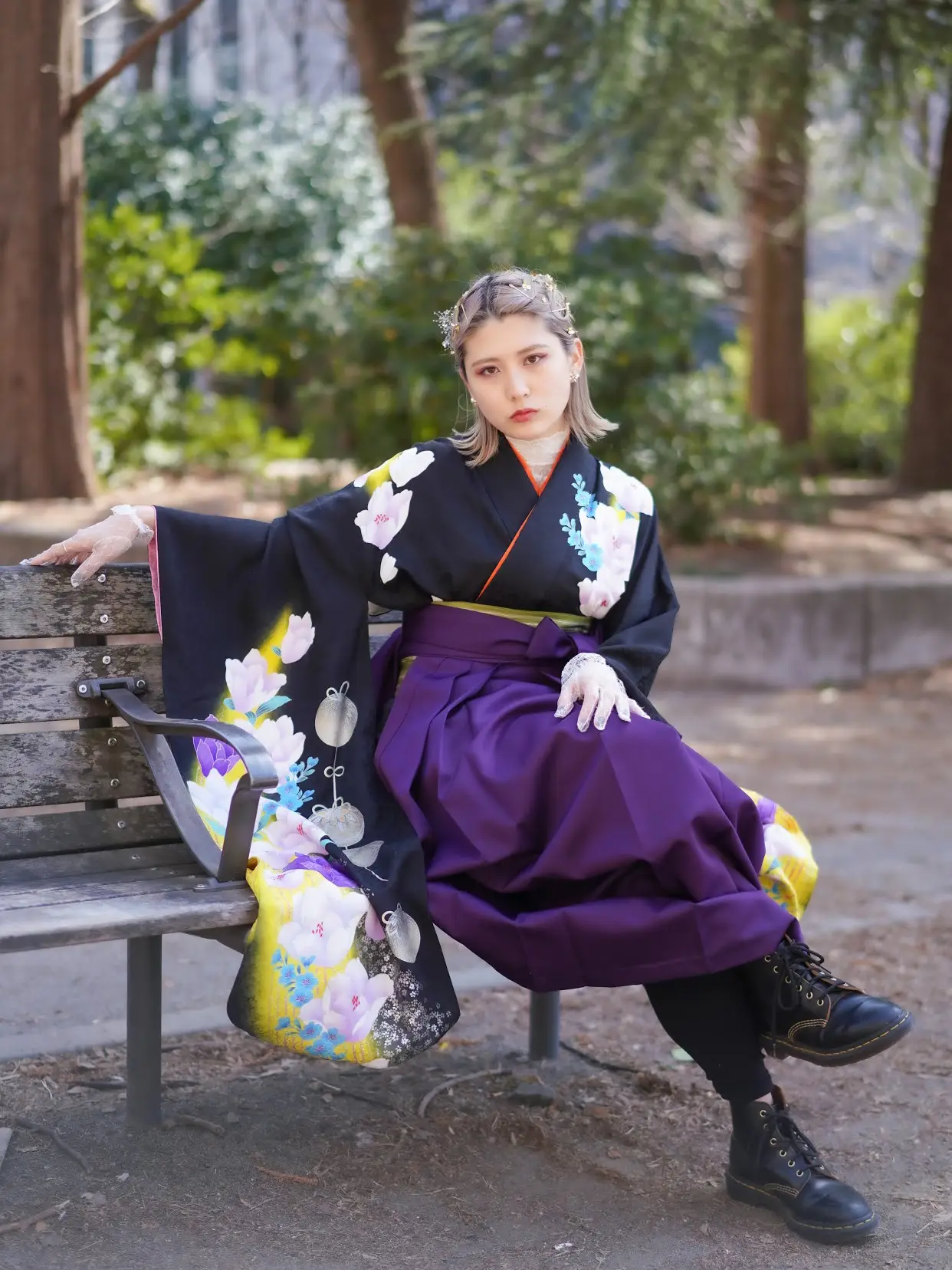 着物ジェンヌ 卒業式袴3点セット 着物 千鳥格子 黒 白 袴 卒業式 