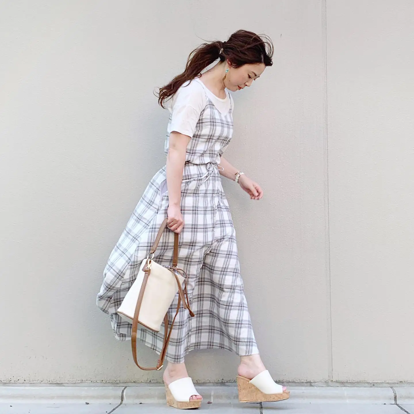 ✨涼しい生地✨ブラウン✨ふわふわギンガムチェックワンピース✨