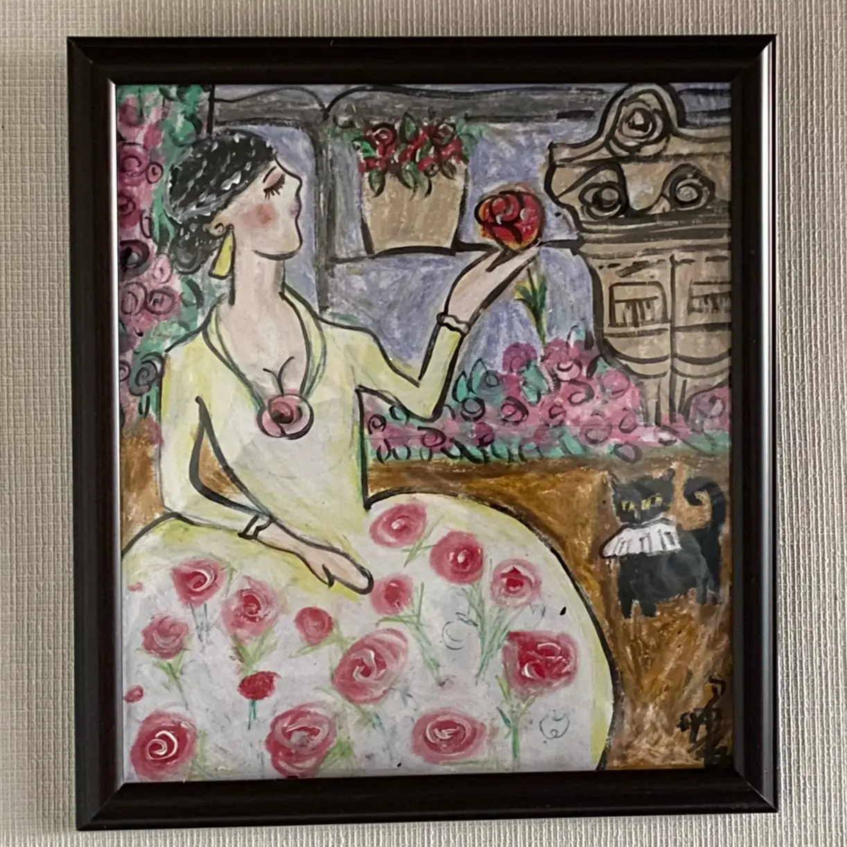 絵画 壁掛け絵【バラの庭で絵を描いている少女と遊んでいるかわいい猫2匹】 絵画 壁掛け絵【バラの庭で絵を描いている少女と遊んでいるかわいい猫2