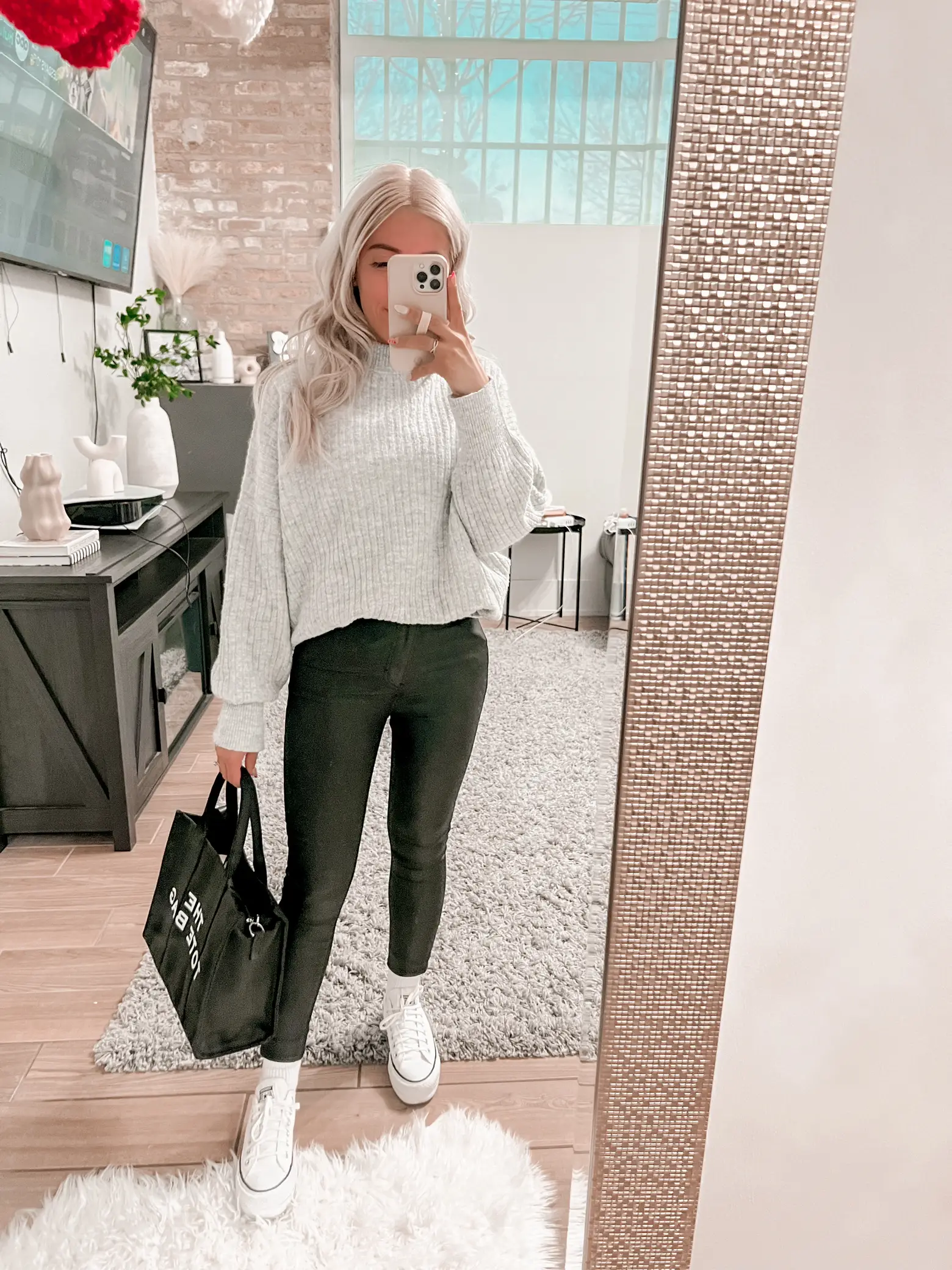 white tee, black leggings, cream cardigan, tan crossbody bag, taupe  sneakers outfit - Putting Me Together