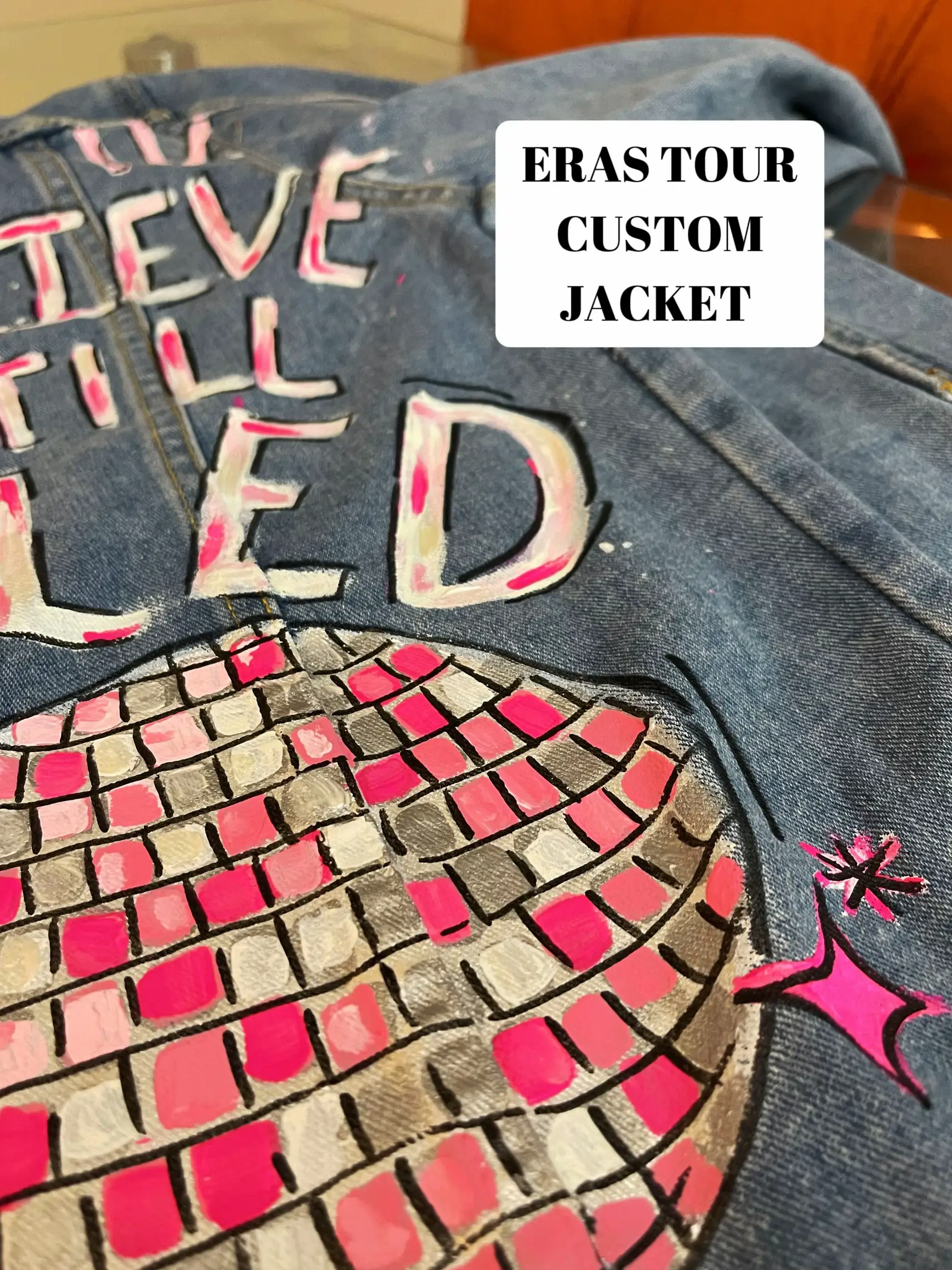 Hot Pink Star Sequin Custom Hand Painted Denim Jacket - Details and Swirls