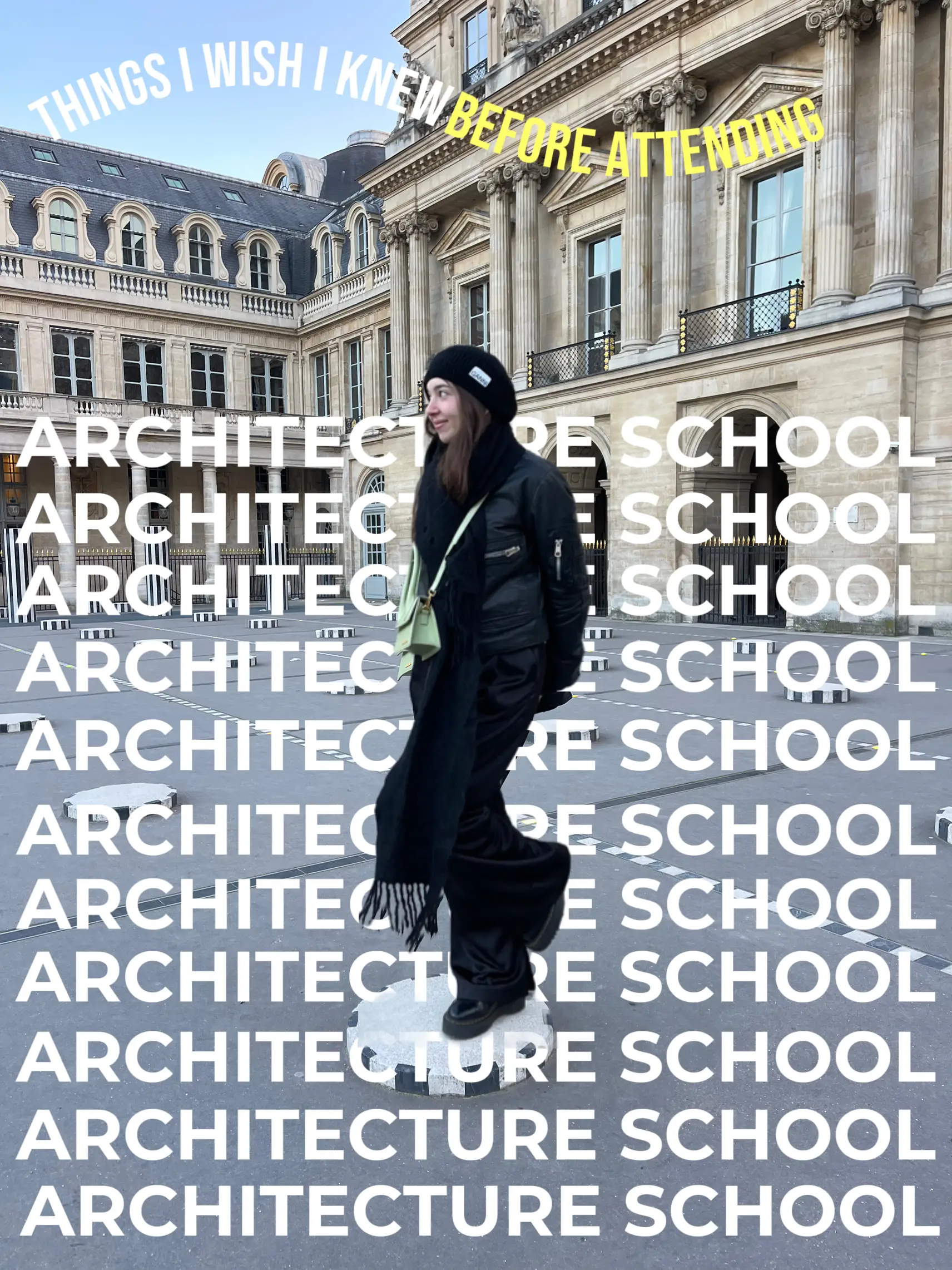  A woman is walking in front of a building with a sign that says "Architecture School".