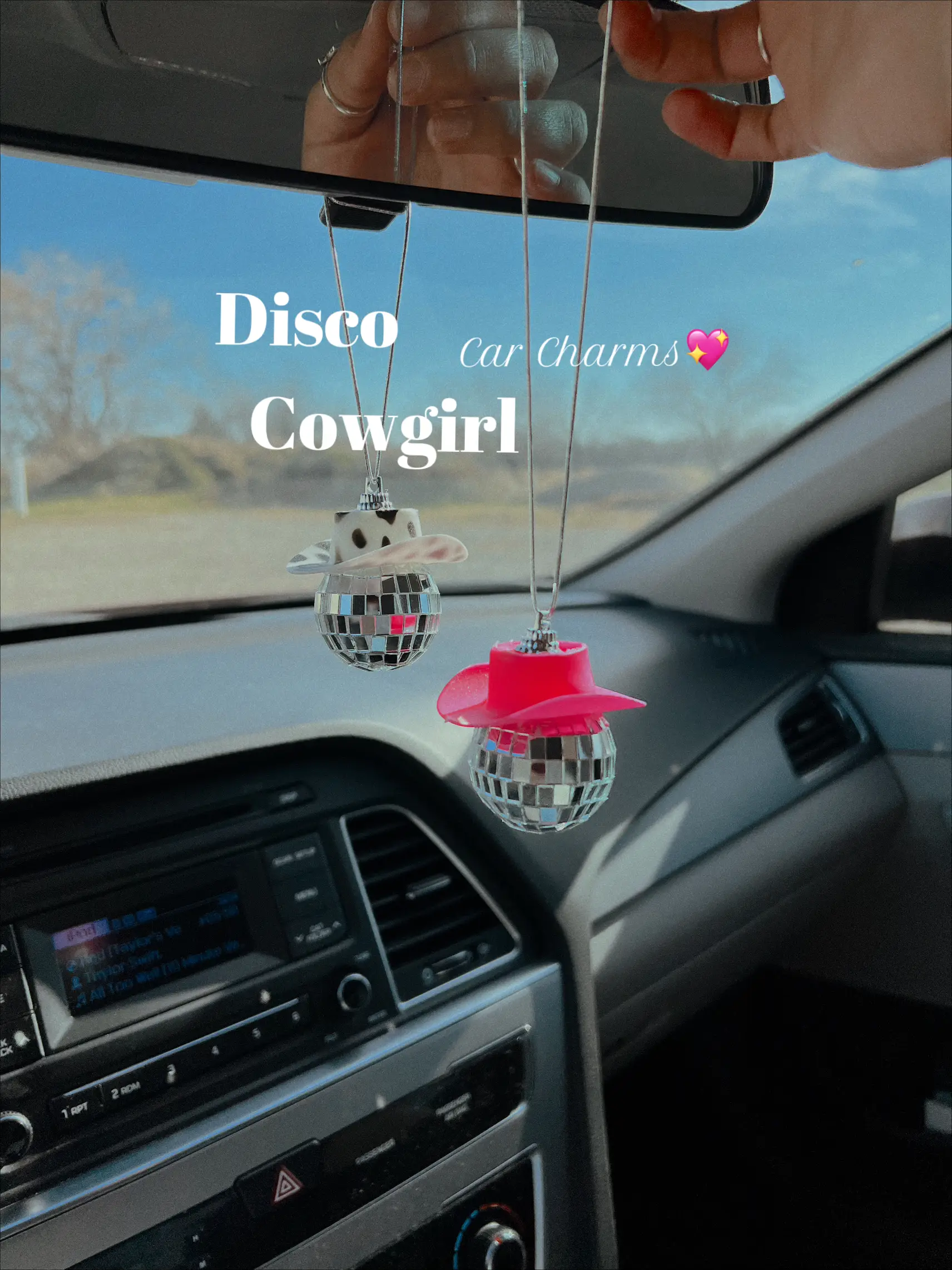 Pink Cowgirl CowBoy Hat Car Charm Rear View Mirror Hanging Disco