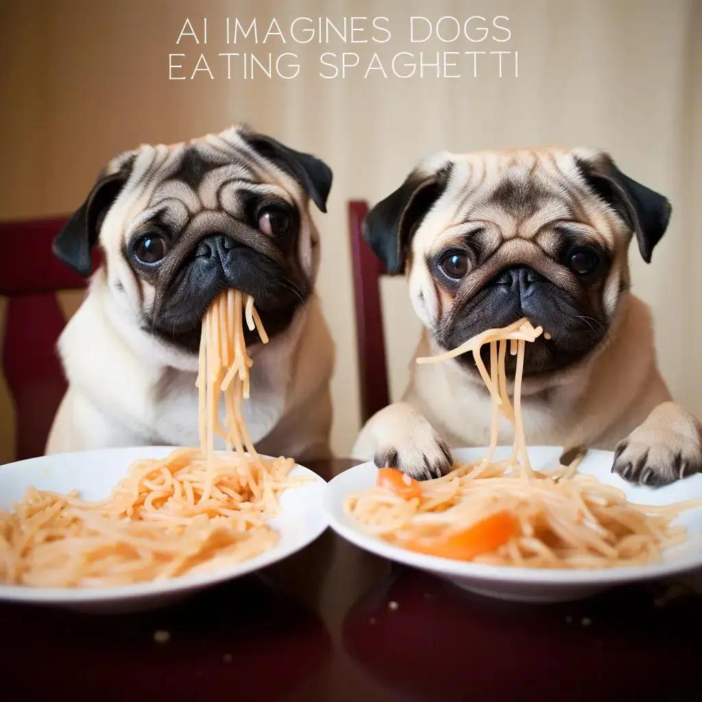 dogs eating spaghetti
