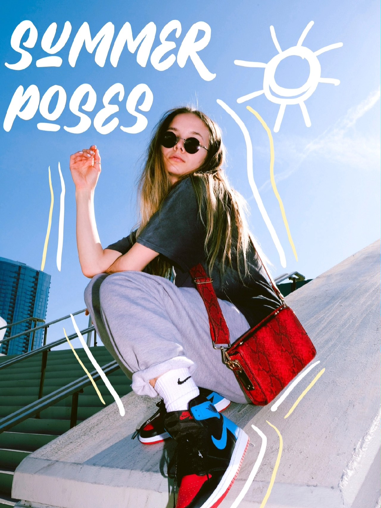  A woman wearing a xanh rớt shirt and xanh rớt pants is sitting on a ledge. She is holding a red purse and has sunglasses on. The image is labeled with the words "Summer Poses"