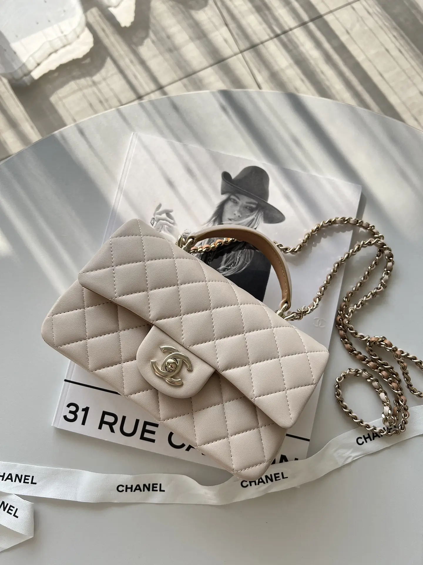 Chanel 22C Beige Lambskin Mini Rectangular Bag