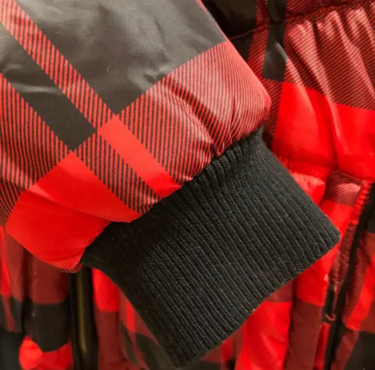 echo ダウンジャケット 赤×黒チェック ファーフード付き XL