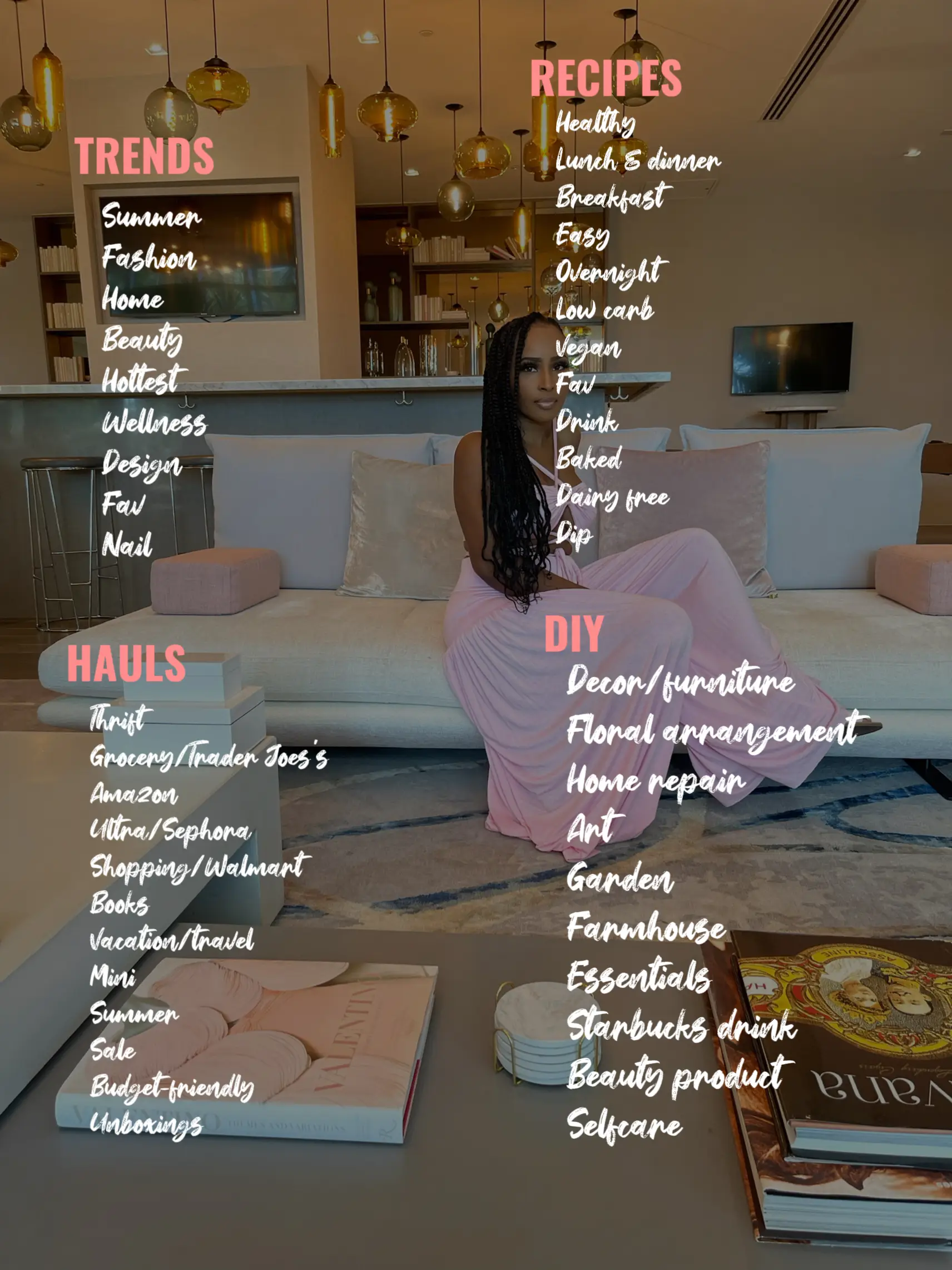  A woman is sitting on a couch with a table in front of her. The table has a list of items on it, including a book titled "DIY HAULS".