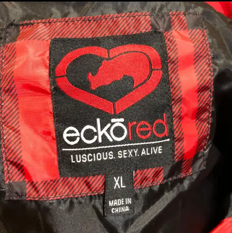 echo ダウンジャケット 赤×黒チェック ファーフード付き XL
