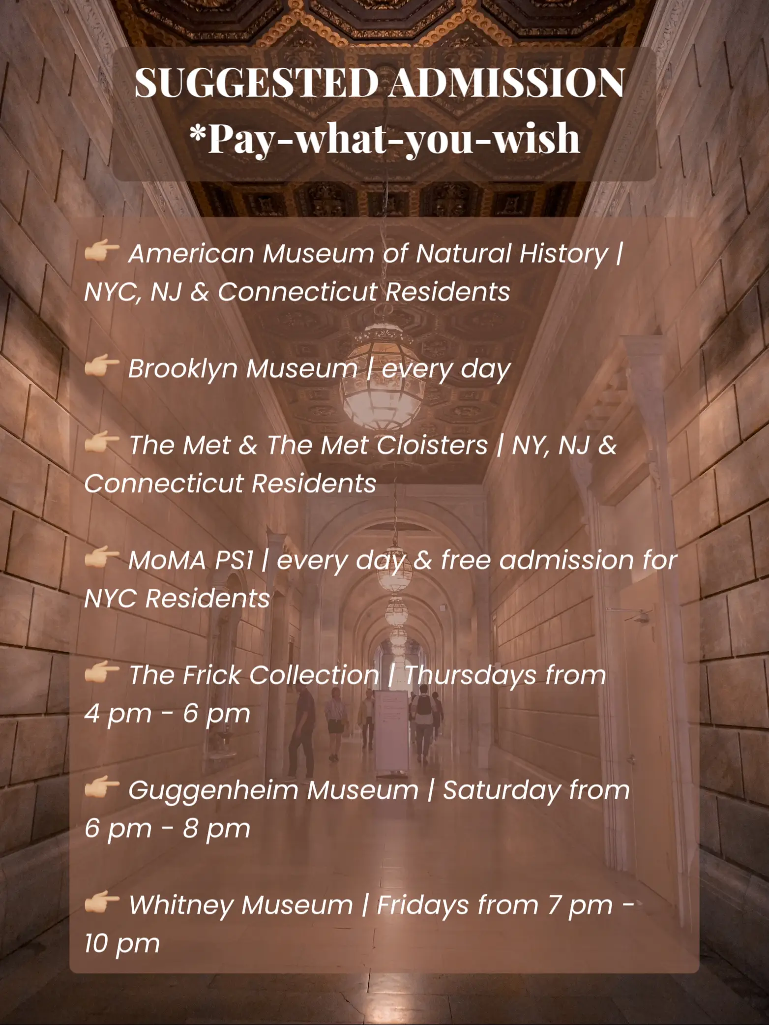  A list of suggested admissions for various museums in New York City.