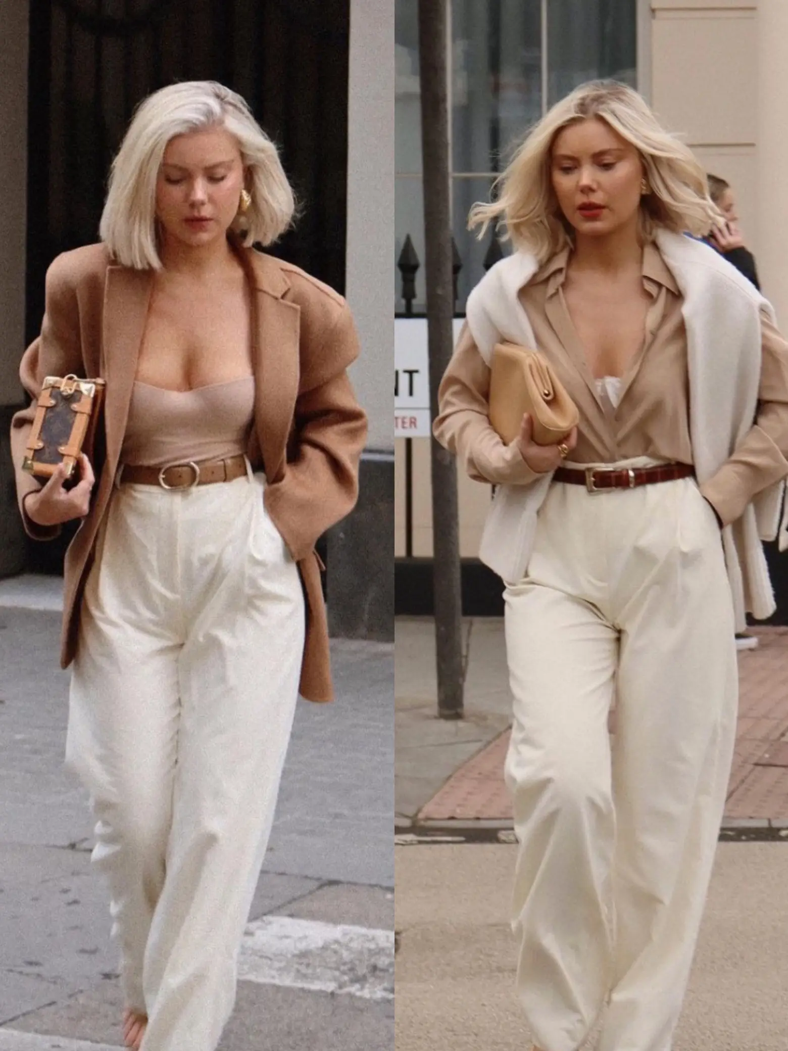  A woman wearing a tan coat and white pants is walking down the street.