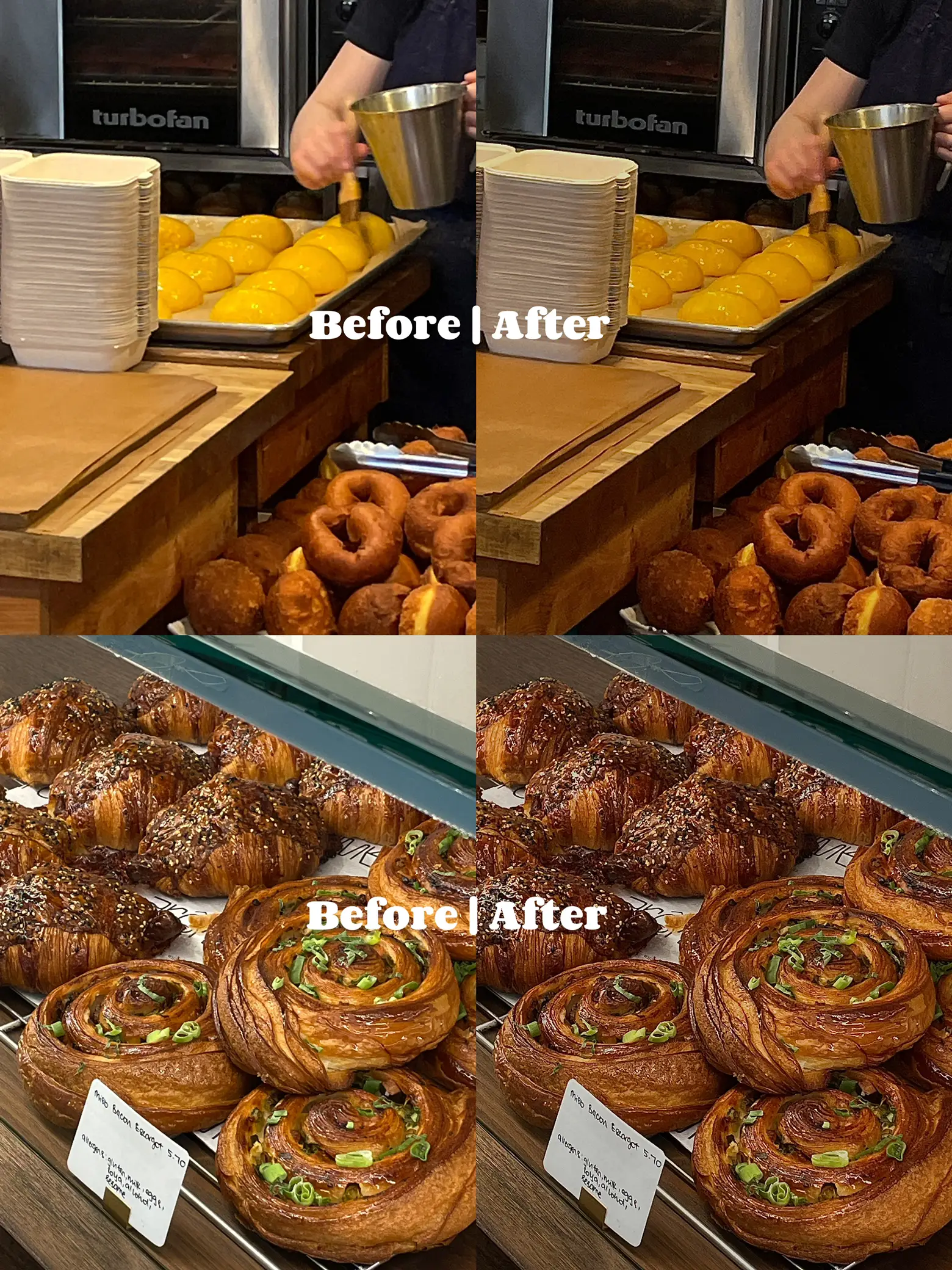  A collage of images showing a person holding a bowl of food and a pile of doughnuts. The images are labeled with the words "before" and "after"