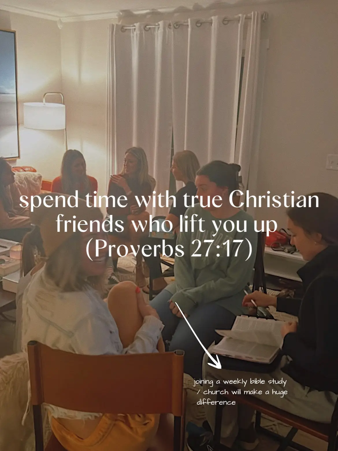  A group of people are sitting around a table with a sign that says "spend time with true Christian friends who lift you up"