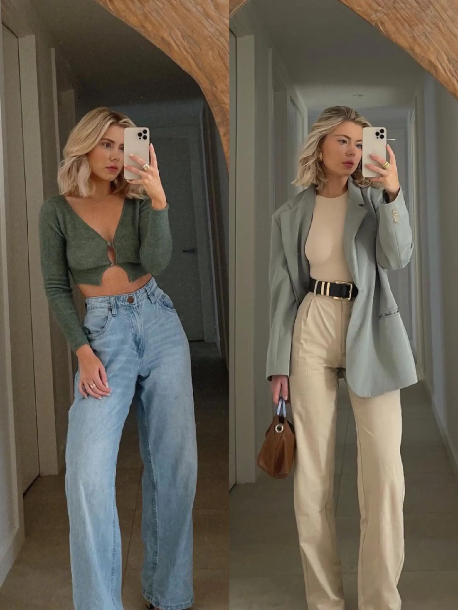  Two women are standing in a hallway. One woman is wearing a green shirt and jeans, while the other woman is wearing a tan jacket and white pants. They are both taking pictures of themselves in the mirror.