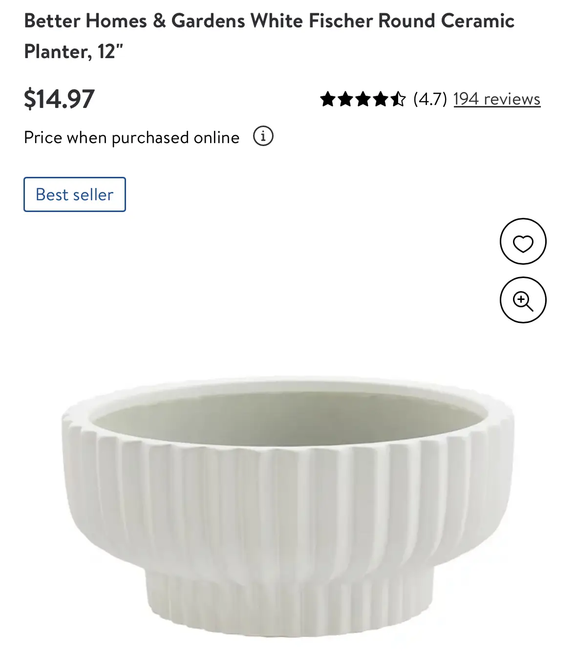 Better Homes & Gardens Pottery 12 Fischer Round Ceramic Planter, White 