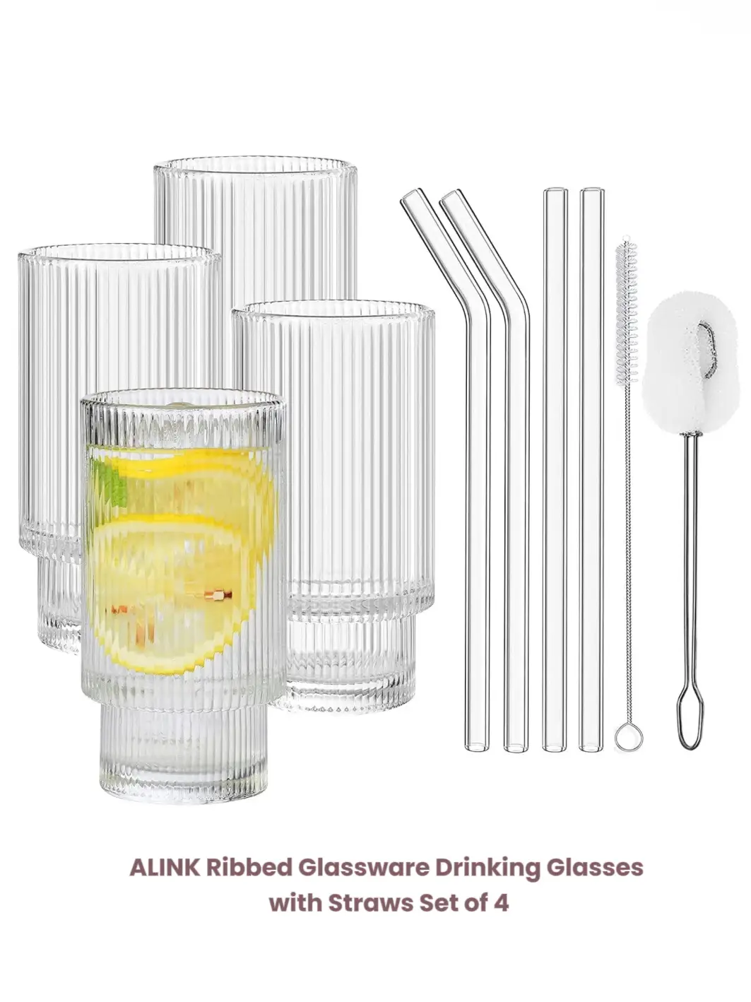 Combler Ribbed Glasses Drinking Set of 4, 14 oz Ribbed Drinking Glasses, Ribbed Glass Cups, Fluted Glassware Sets, Short Cocktail Glasses, Glassware