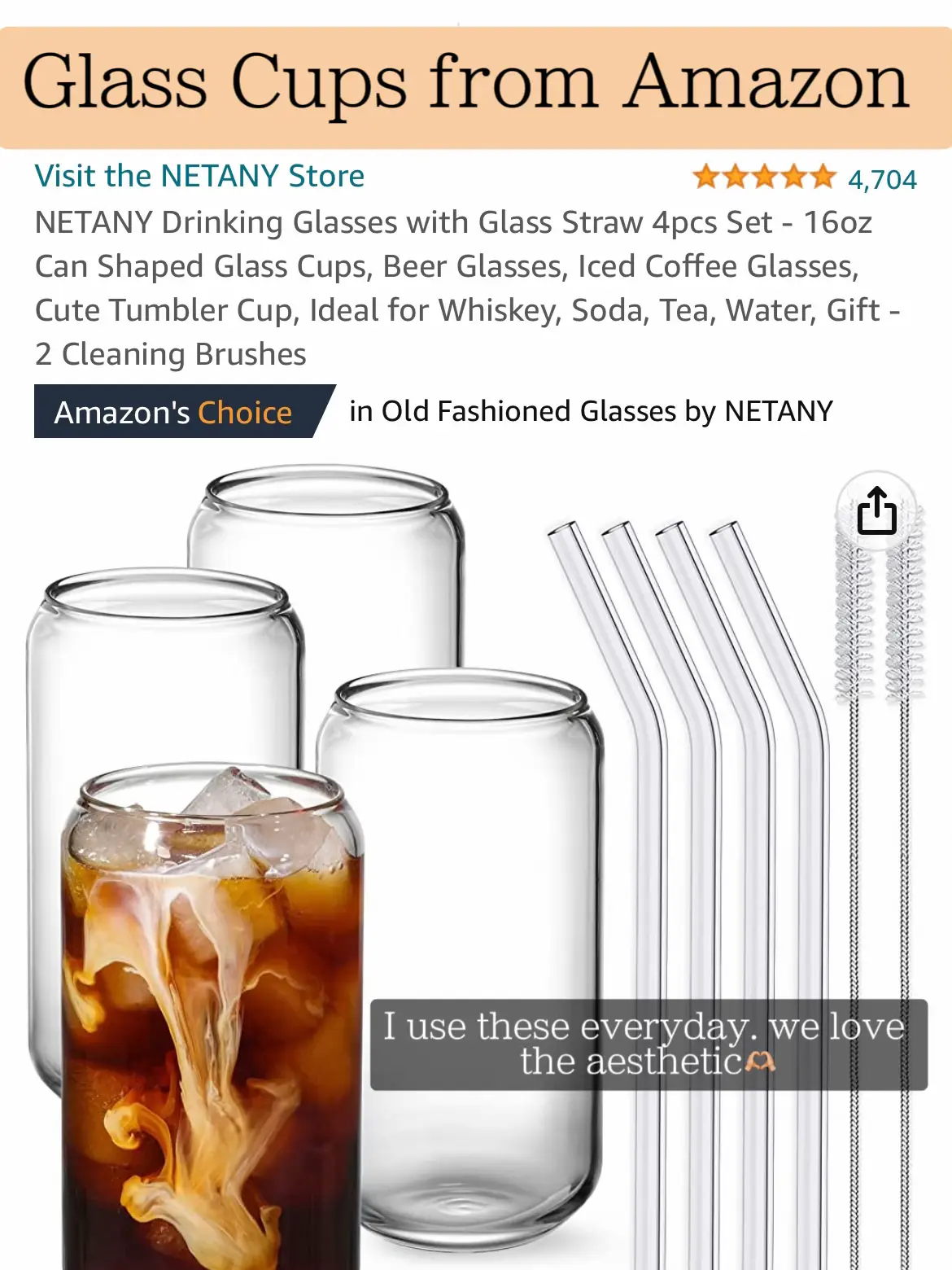 NETANY Drinking Glasses with Glass Straw 4pcs Set - 16oz Can