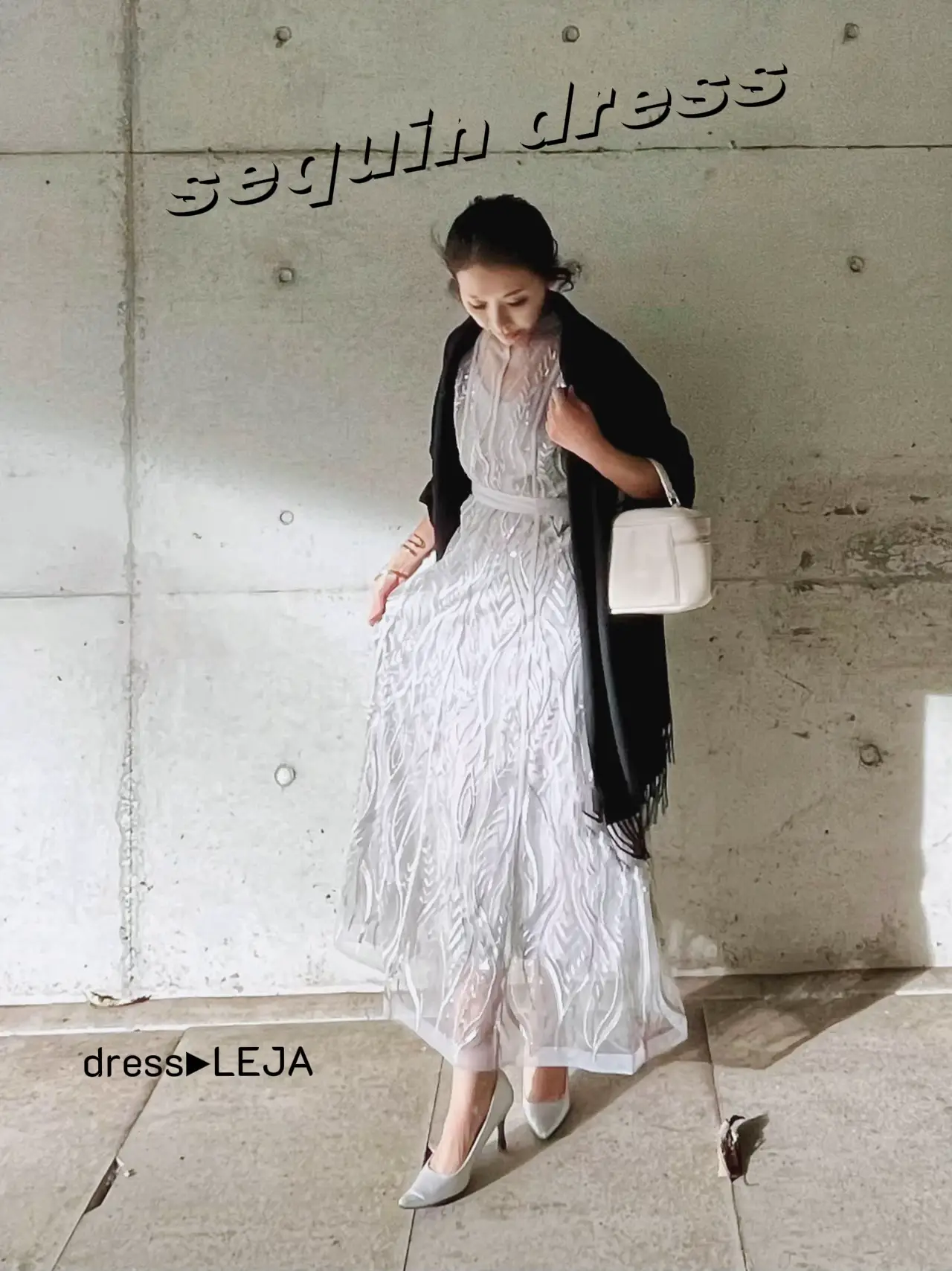 LEJA-スパンコール刺繍レースプチハイネックフリルロングドレス 
