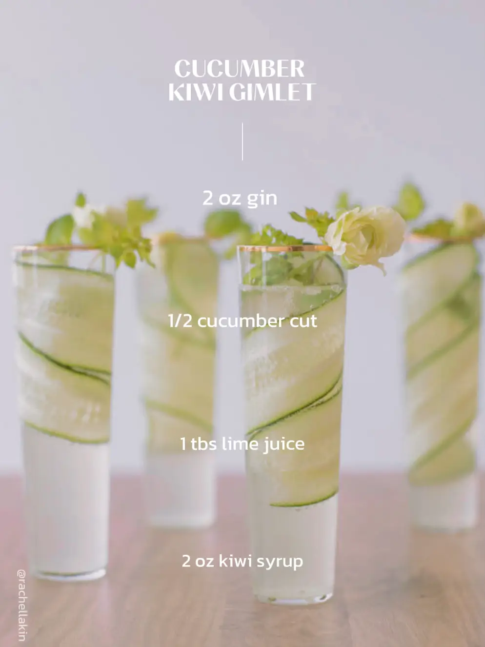  Four glass of water with cucumber, lime, and kiwi syrup.
