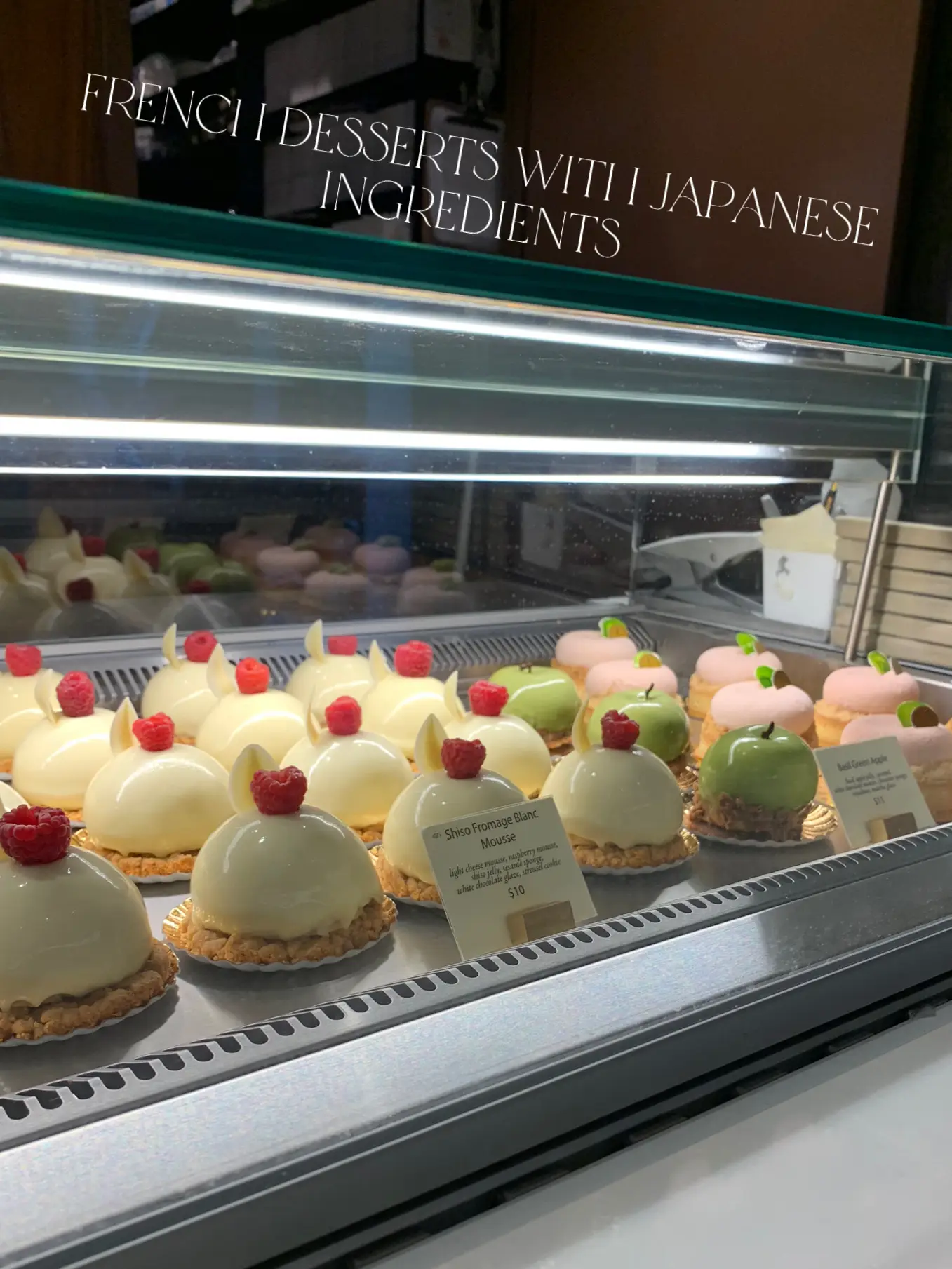 A display of French desserts with Japanese ingredients.