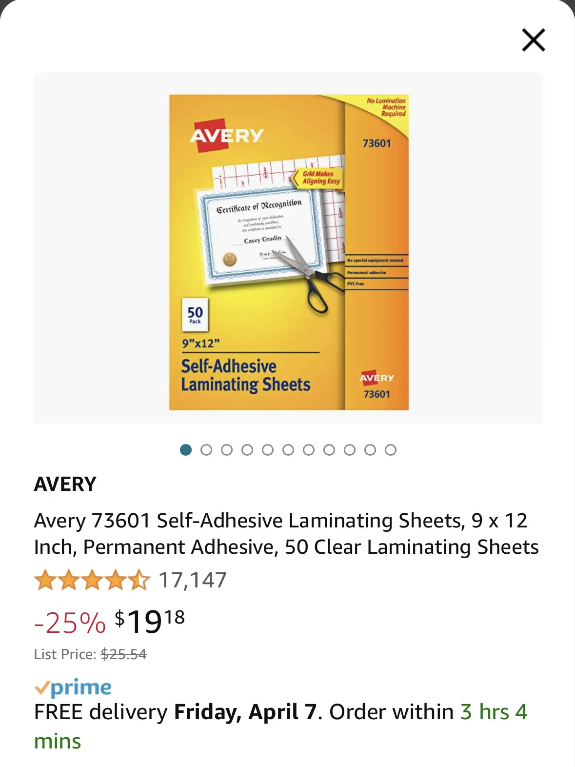 Avery Self-Adhesive Laminating Sheets 73601